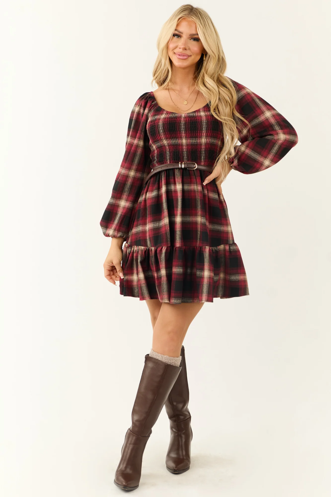 Ruby Plaid Smocked Bodice Short Dress