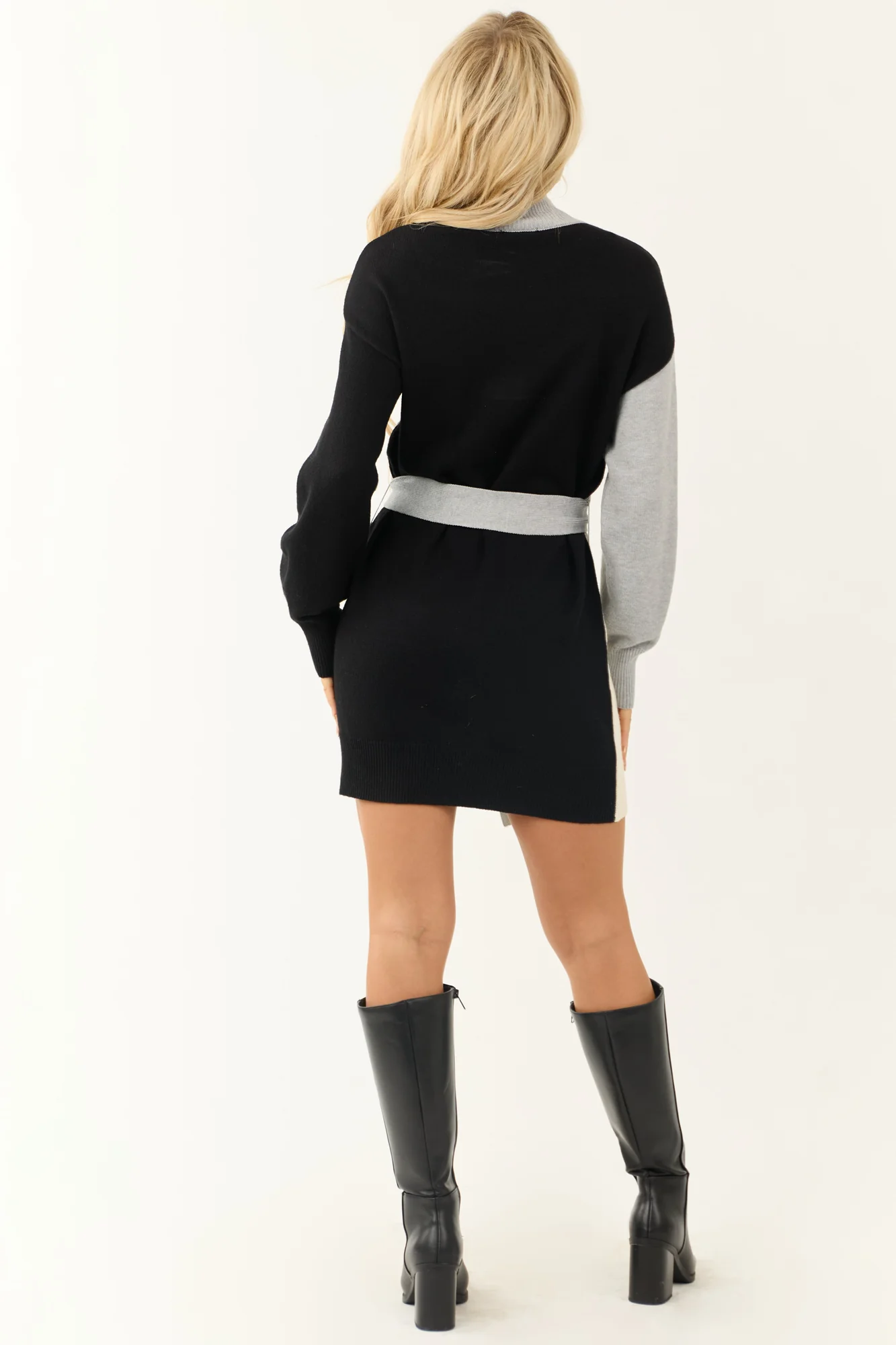 Cream Colorblock Knit Mini Dress with Belt