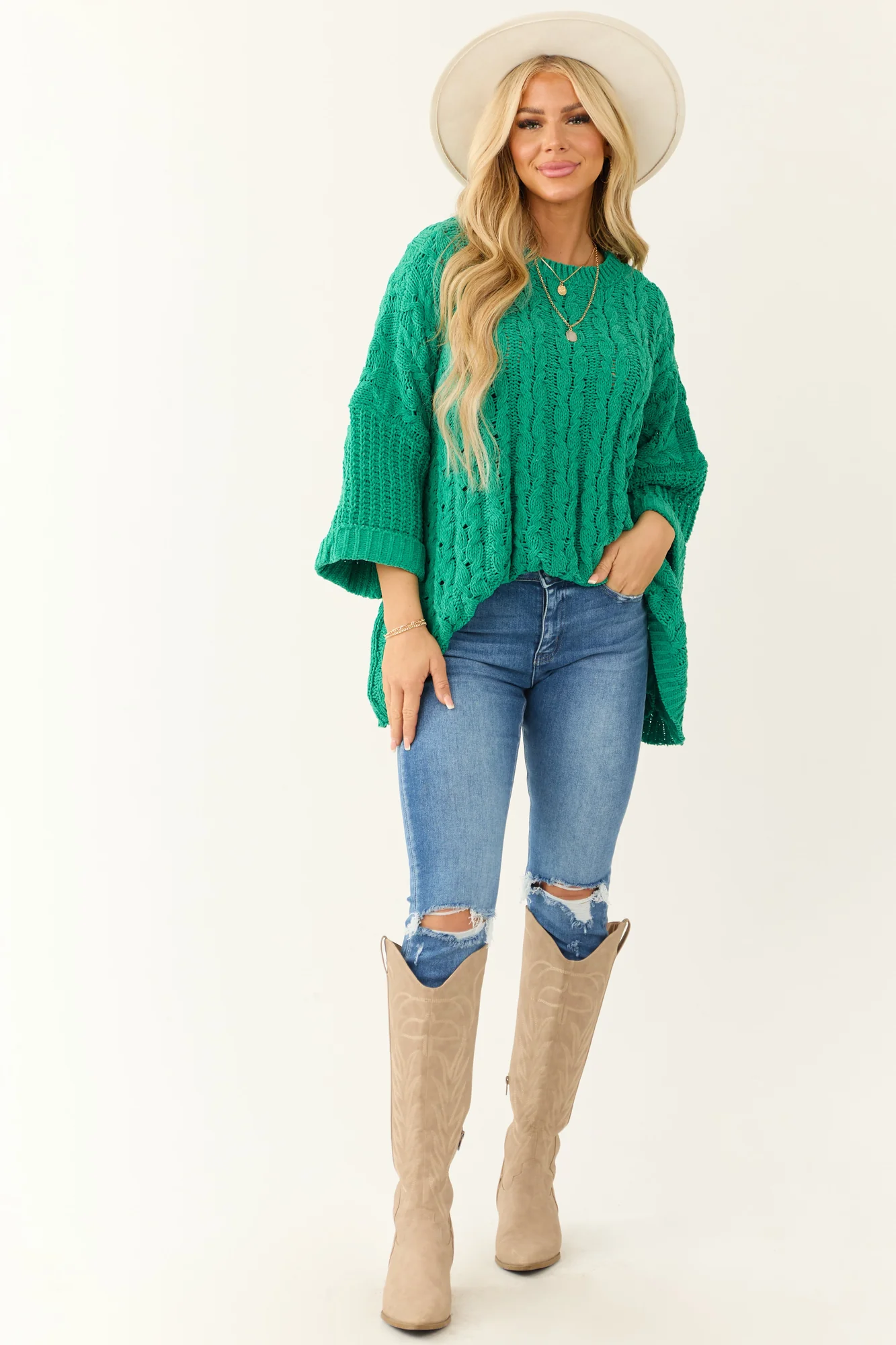 Green Chenille Cable Knit Sweater