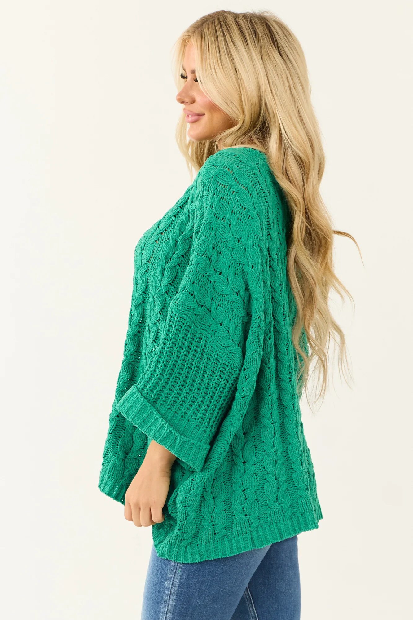 Green Chenille Cable Knit Sweater