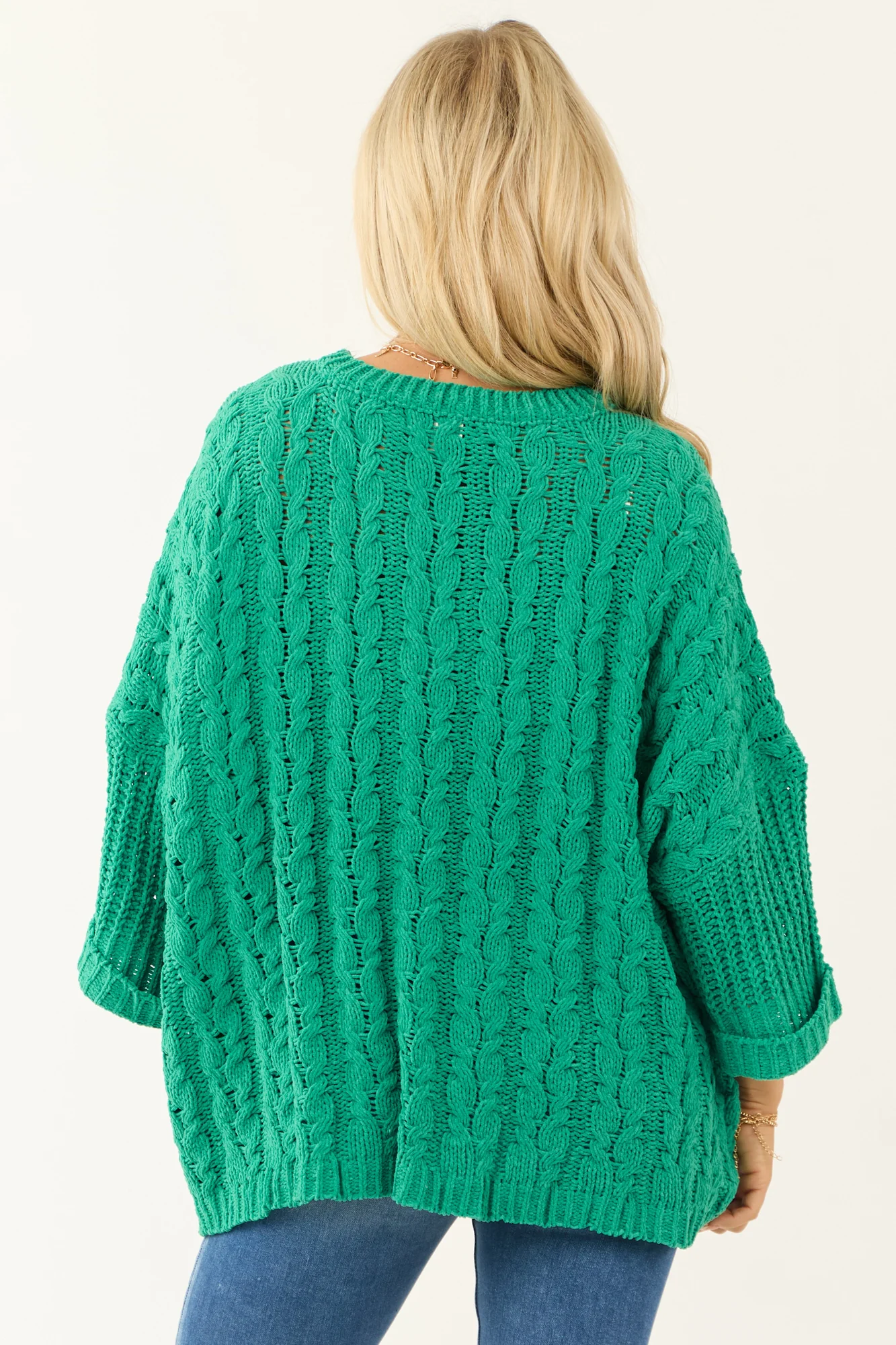 Green Chenille Cable Knit Sweater