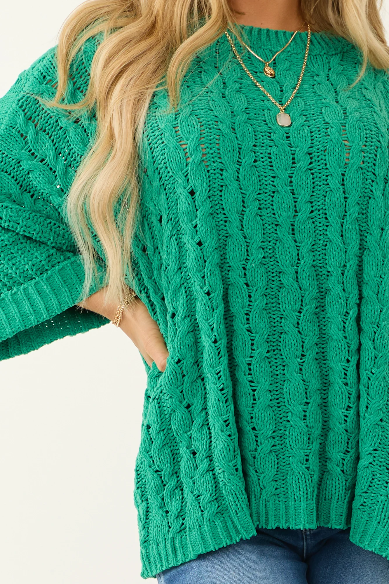 Green Chenille Cable Knit Sweater