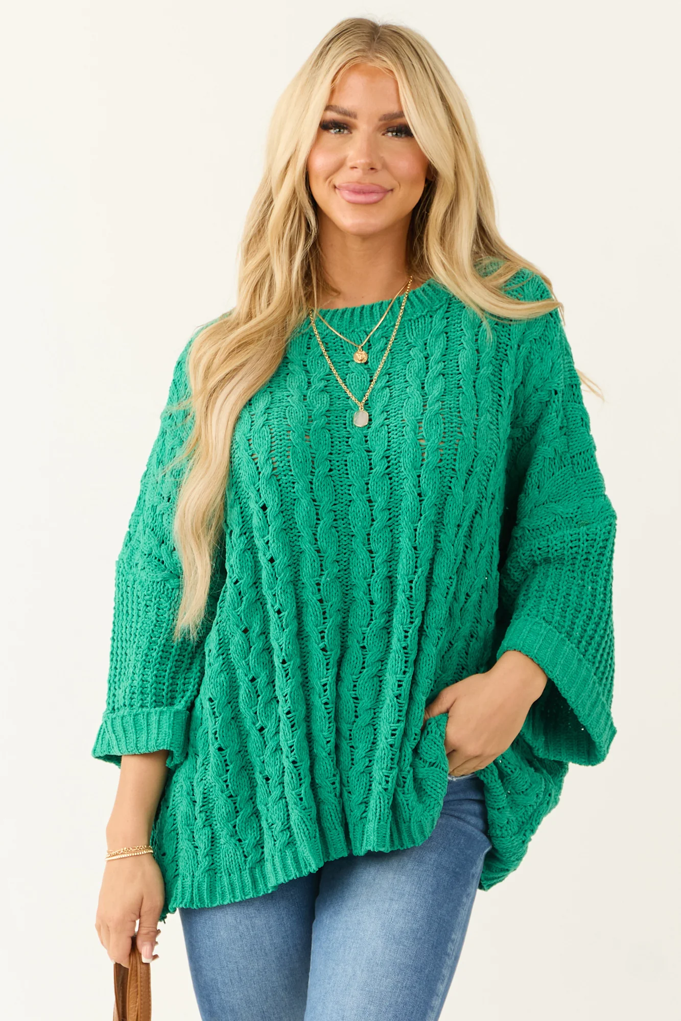 Green Chenille Cable Knit Sweater