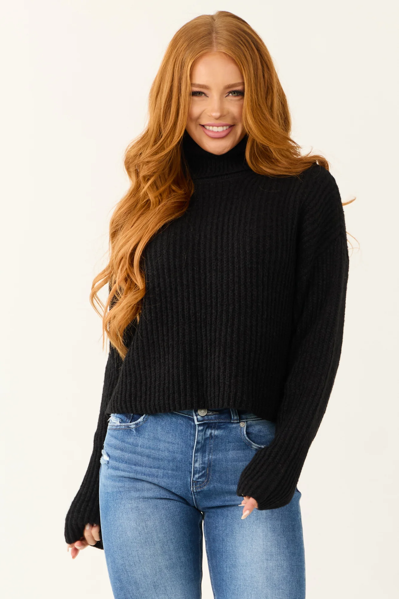 Chunky Black Turtleneck Sweater - Oversized Stretchy Ribbed Knit
