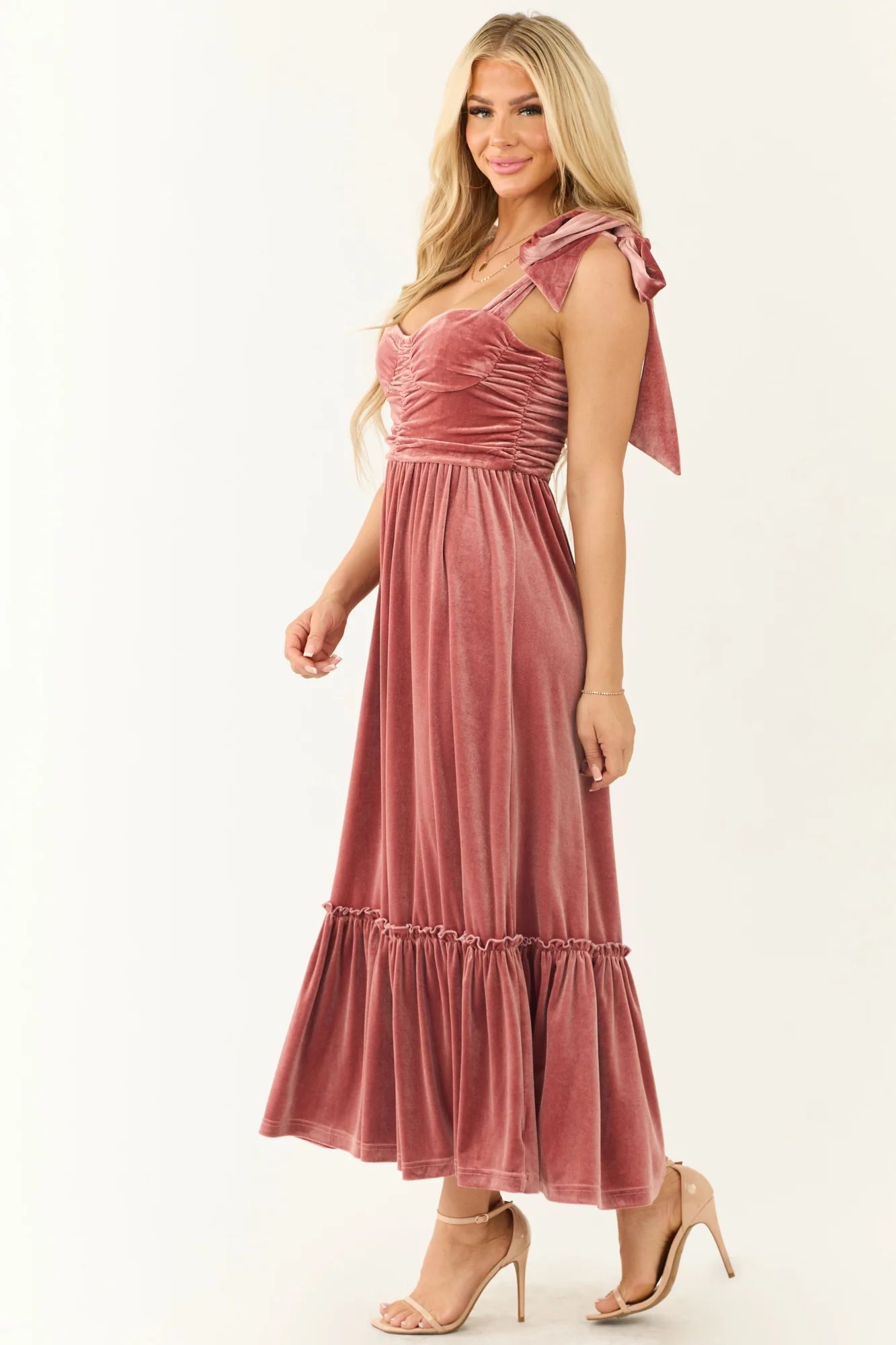 Pink Velvet Ruched Maxi Dress with Tie Straps