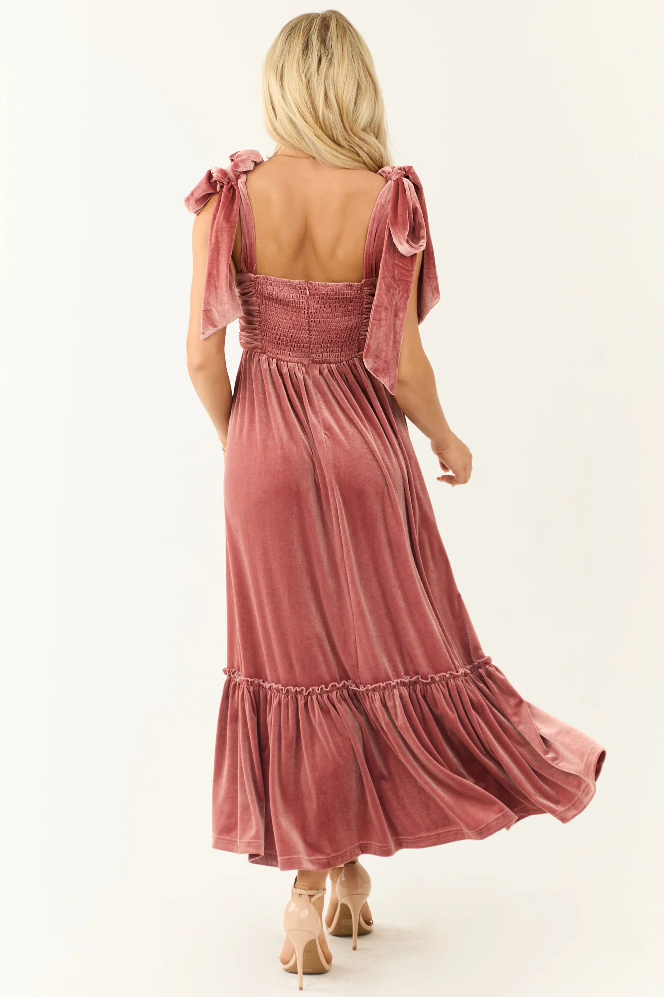 Pink Velvet Ruched Maxi Dress with Tie Straps