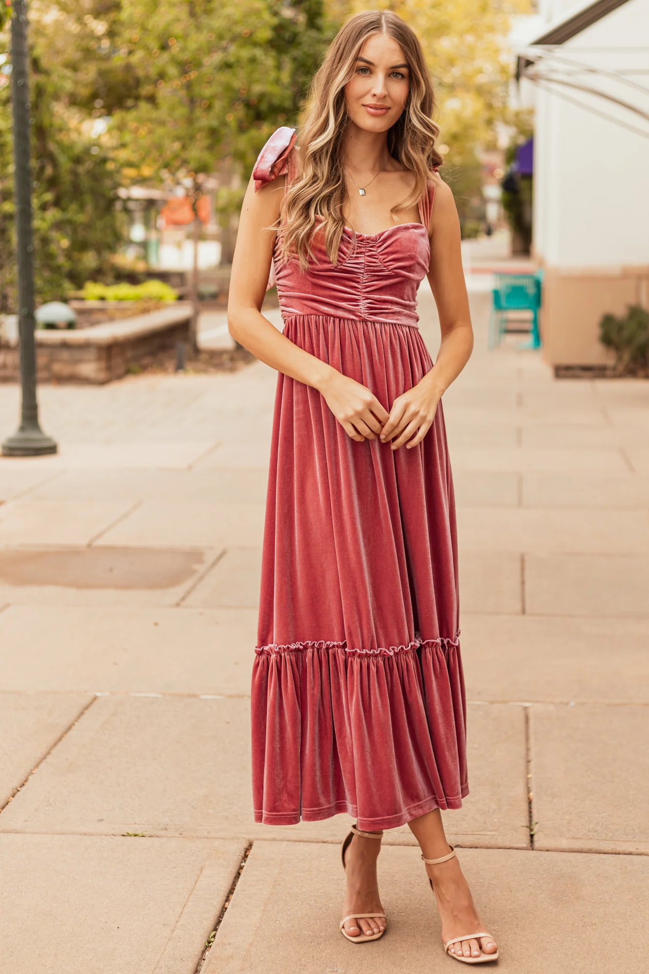 Pink Velvet Ruched Maxi Dress with Tie Straps