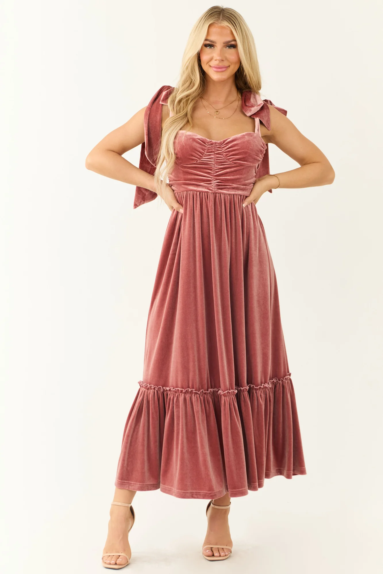 Pink Velvet Ruched Maxi Dress with Tie Straps