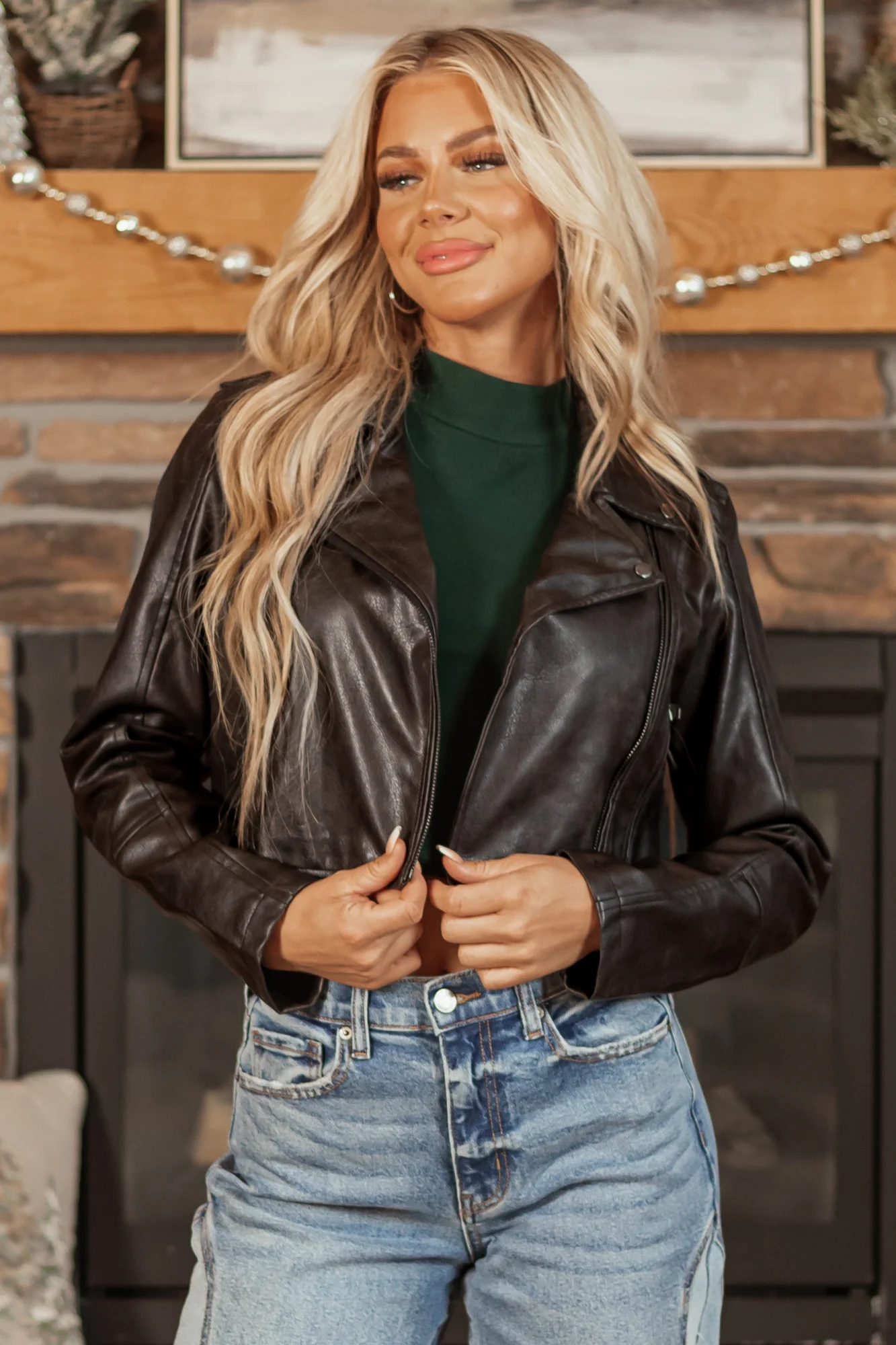Chic Black Faux Leather Zip-Up Jacket