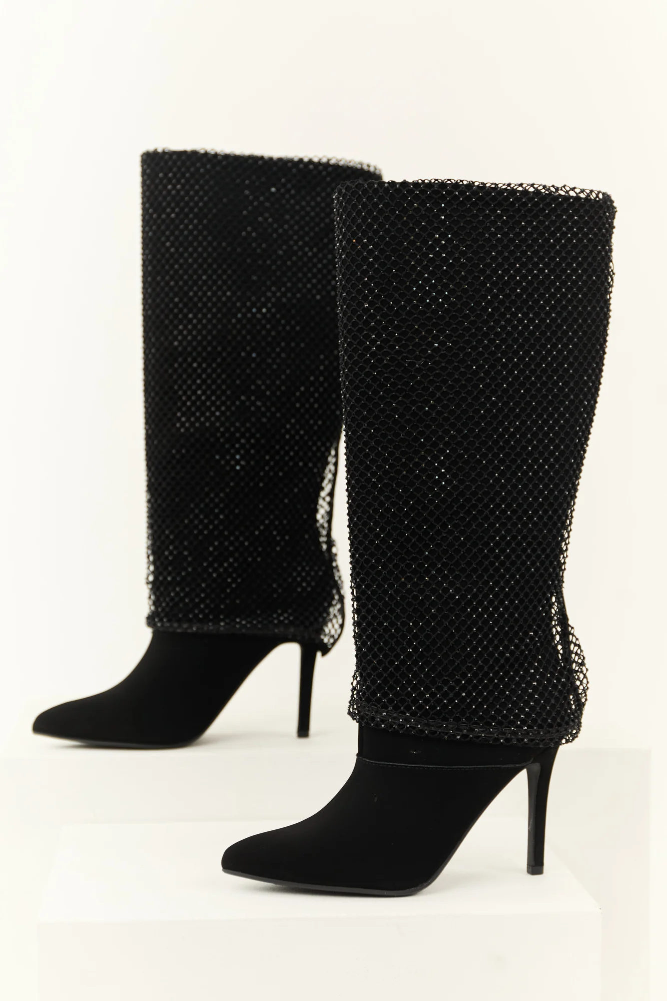 Black Mesh Stiletto Knee High Boots