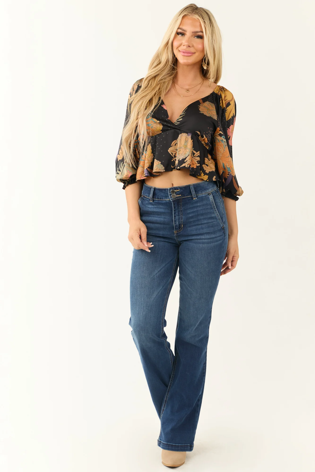 Floral Print Satin Babydoll Blouse