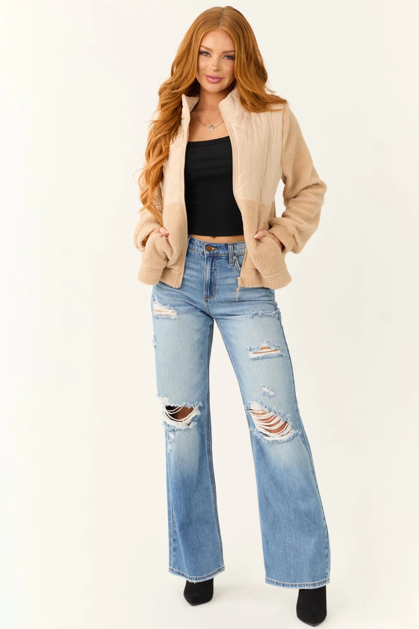 Beige Quilted Zip Up Sherpa Jacket