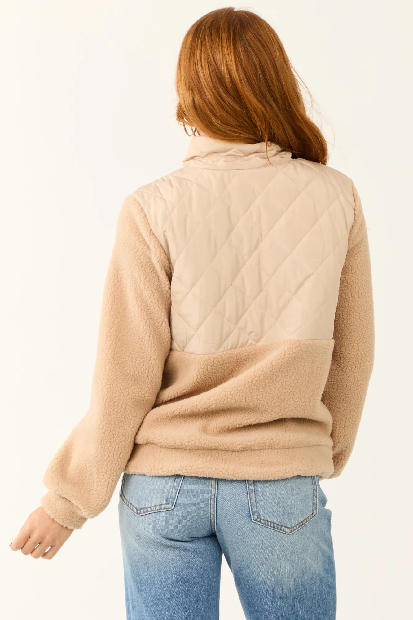 Beige Quilted Zip Up Sherpa Jacket