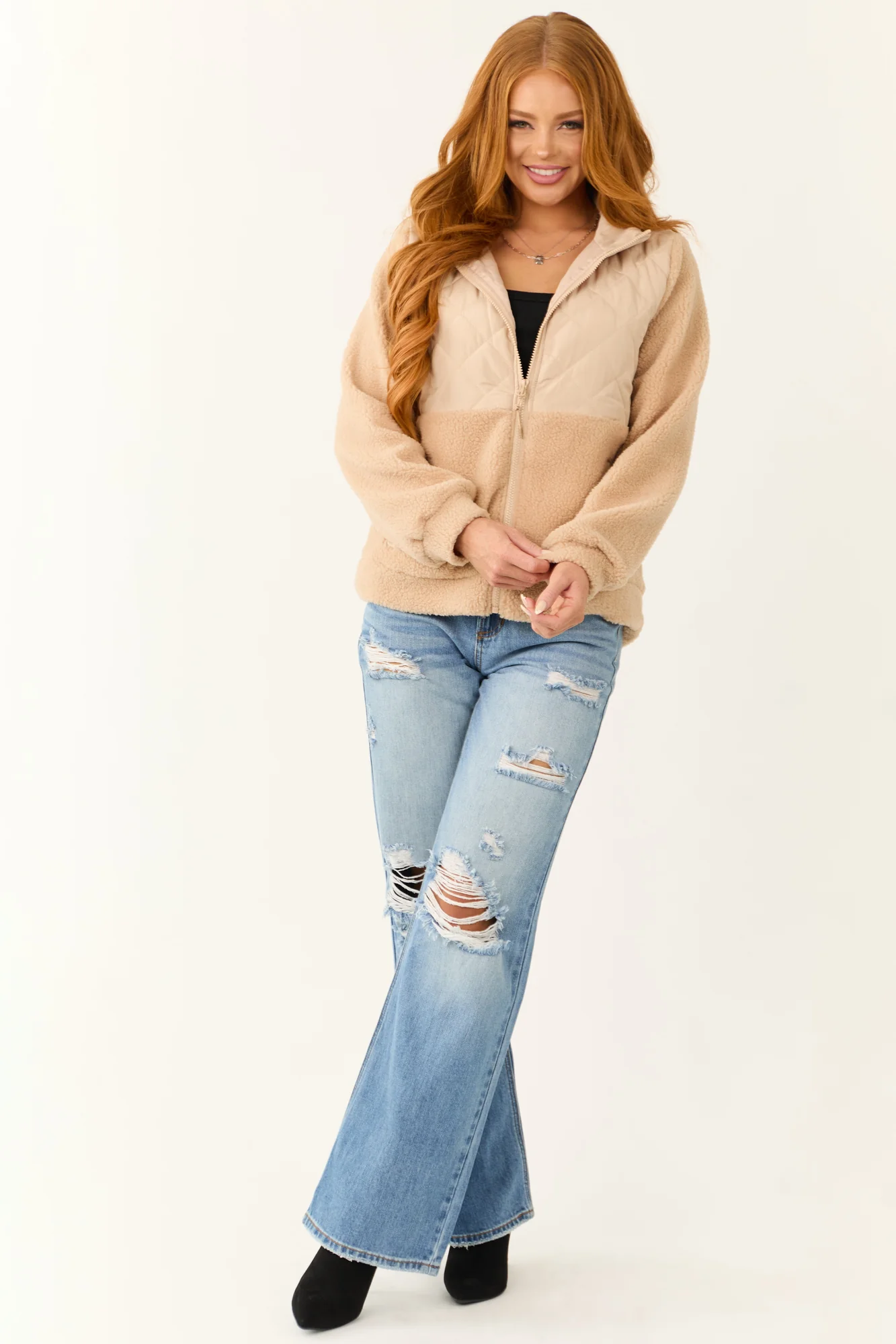 Beige Quilted Zip Up Sherpa Jacket