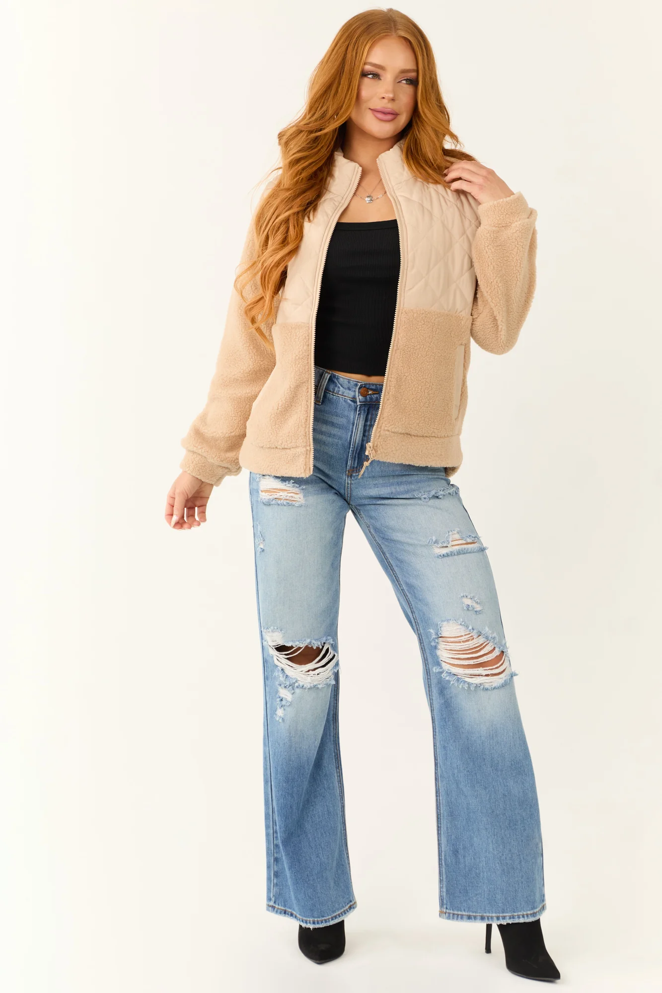 Beige Quilted Zip Up Sherpa Jacket