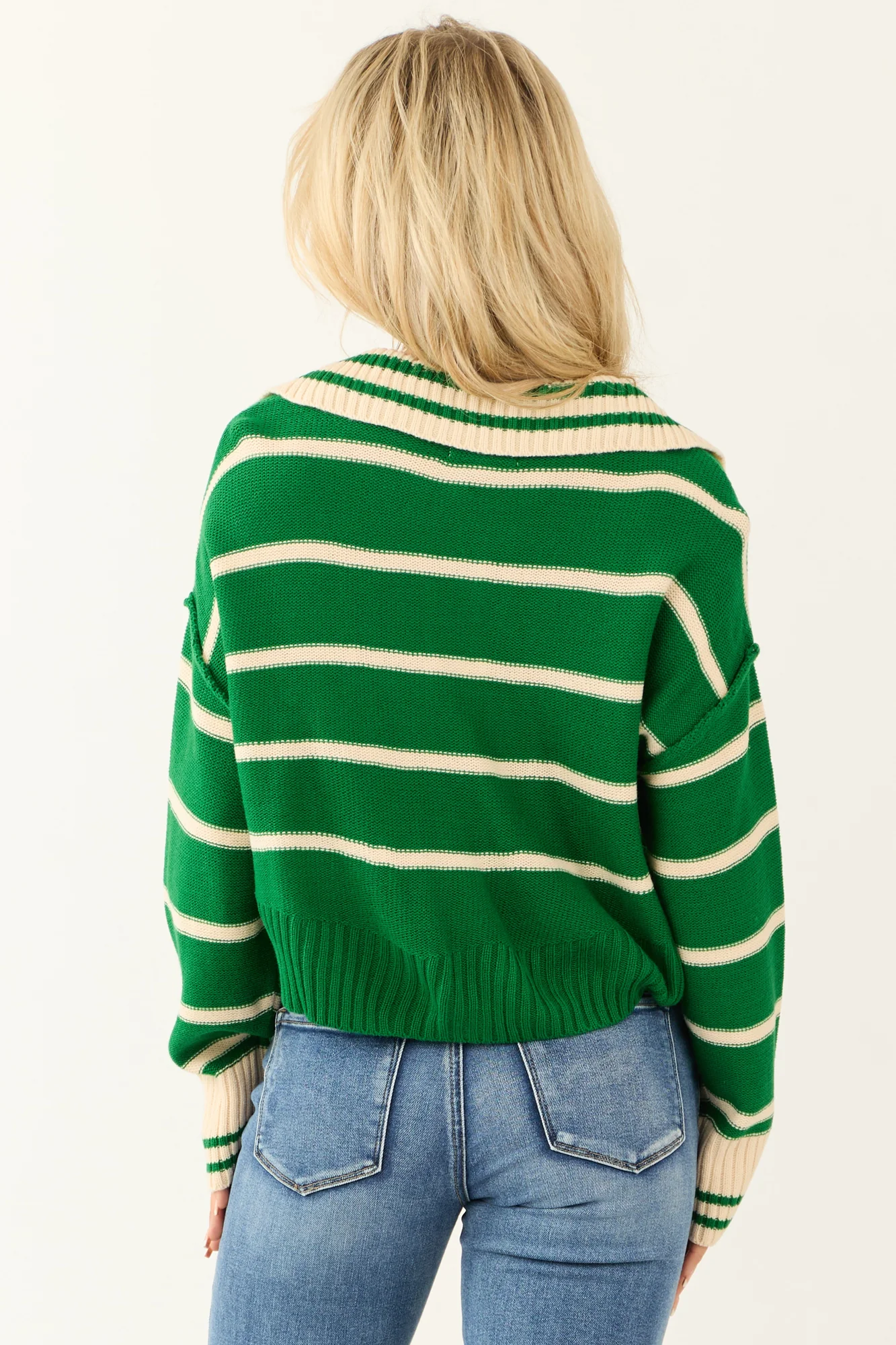 Green Striped Knit V-Neck Sweater
