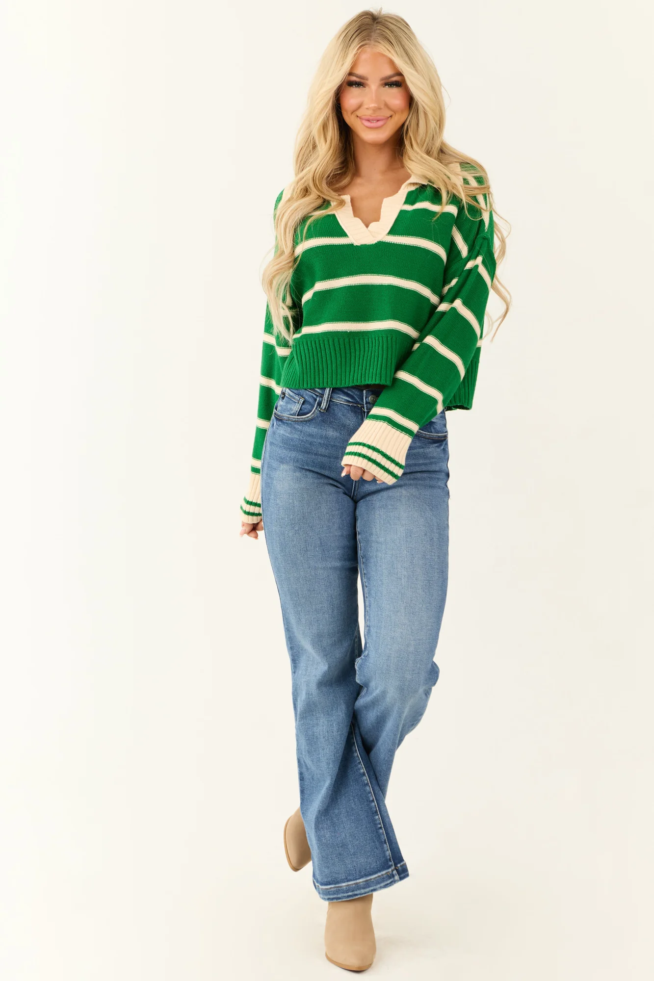 Green Striped Knit V-Neck Sweater