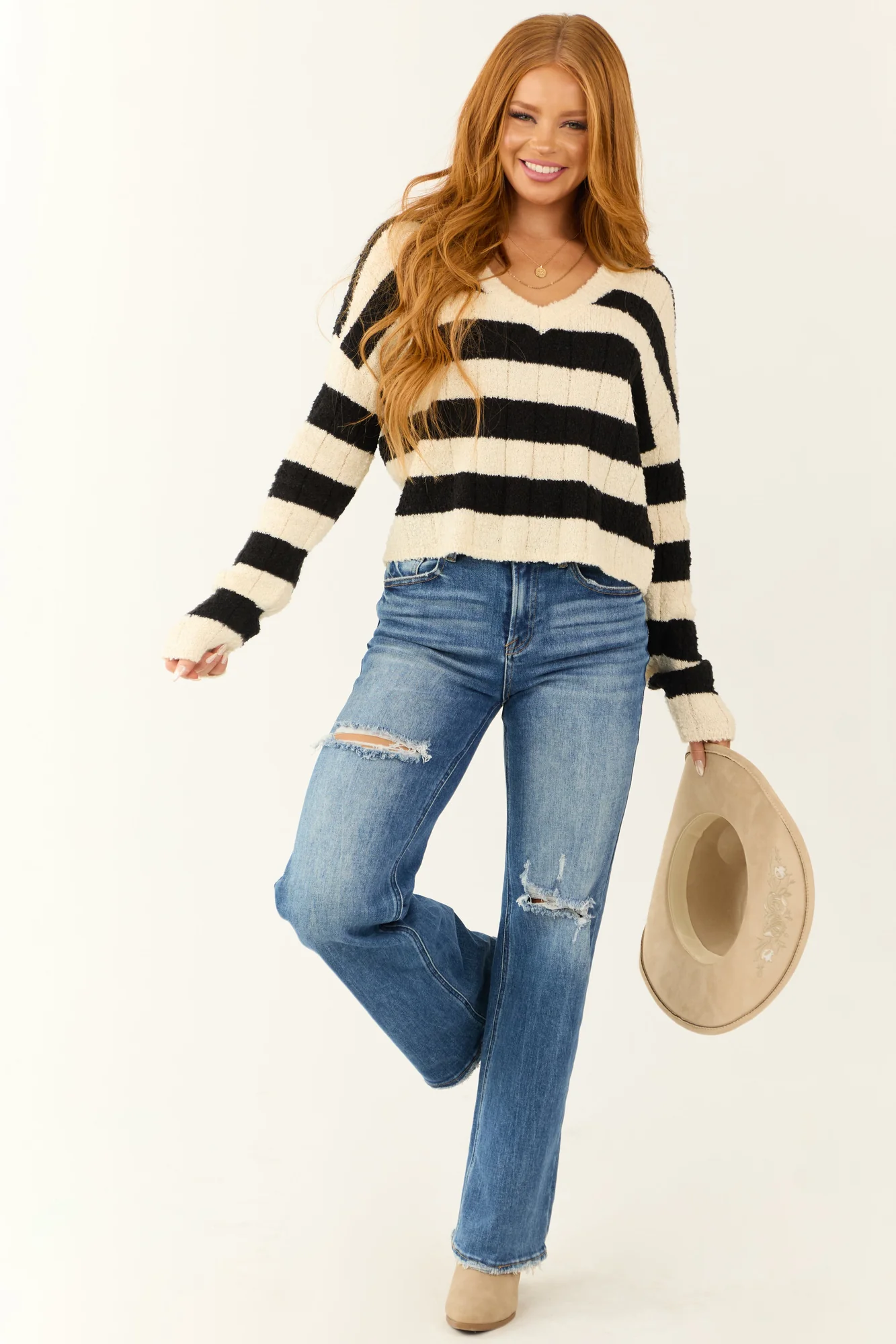 Striped V Neck Knit Sweater in Cream and Black