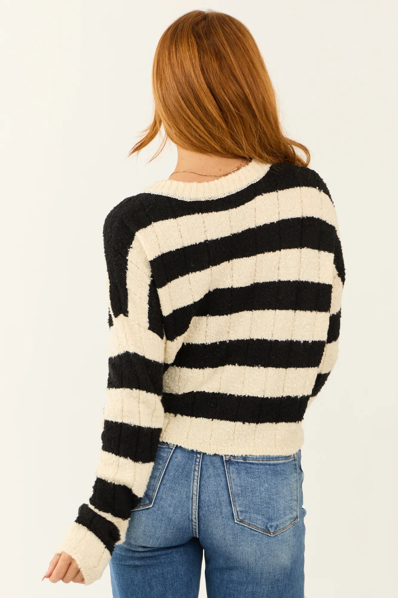 Striped V Neck Knit Sweater in Cream and Black