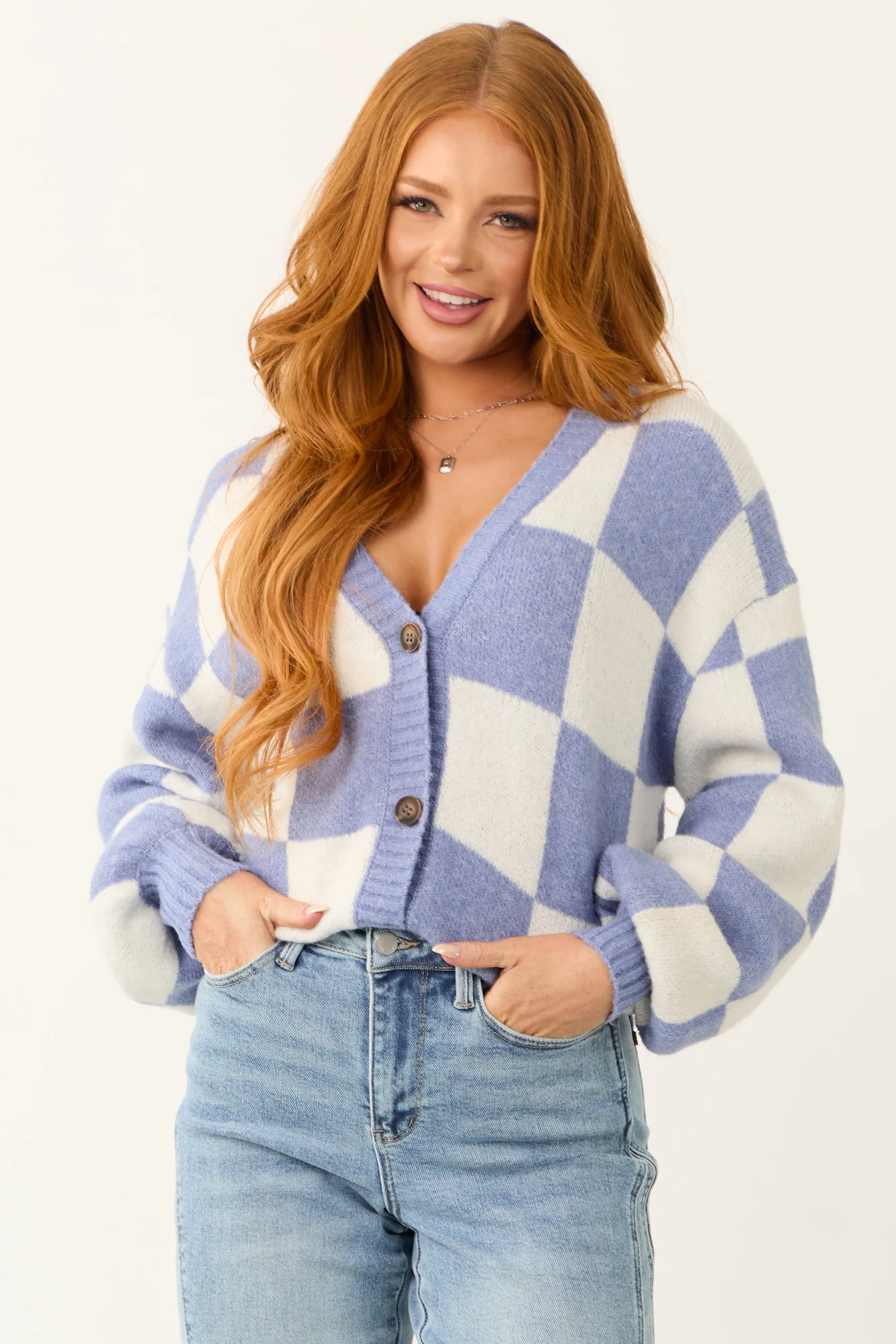 Blue Checkered Cardigan with Ivory Accents