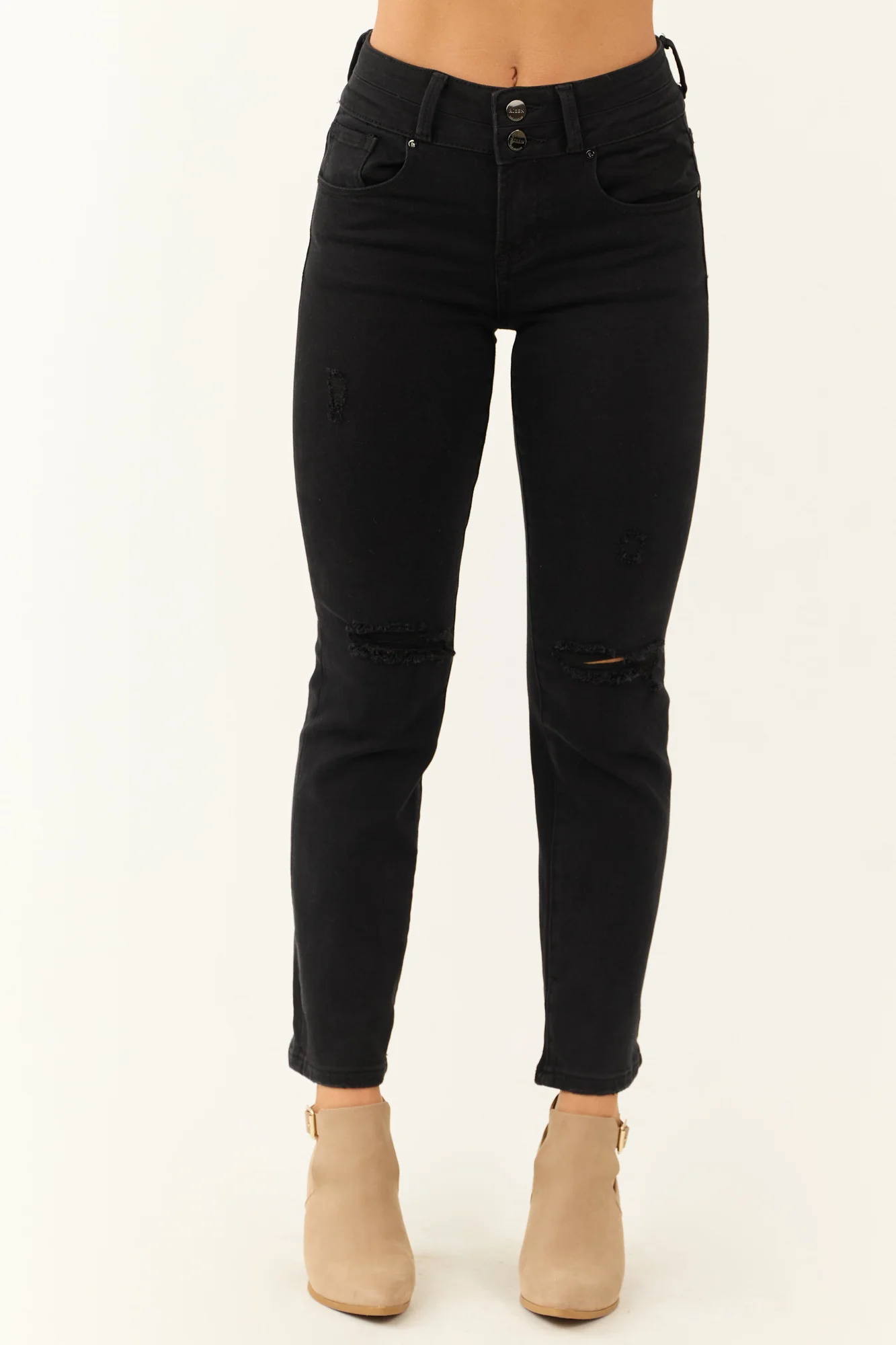 Black Distressed Ankle Jeans with High Rise Fit