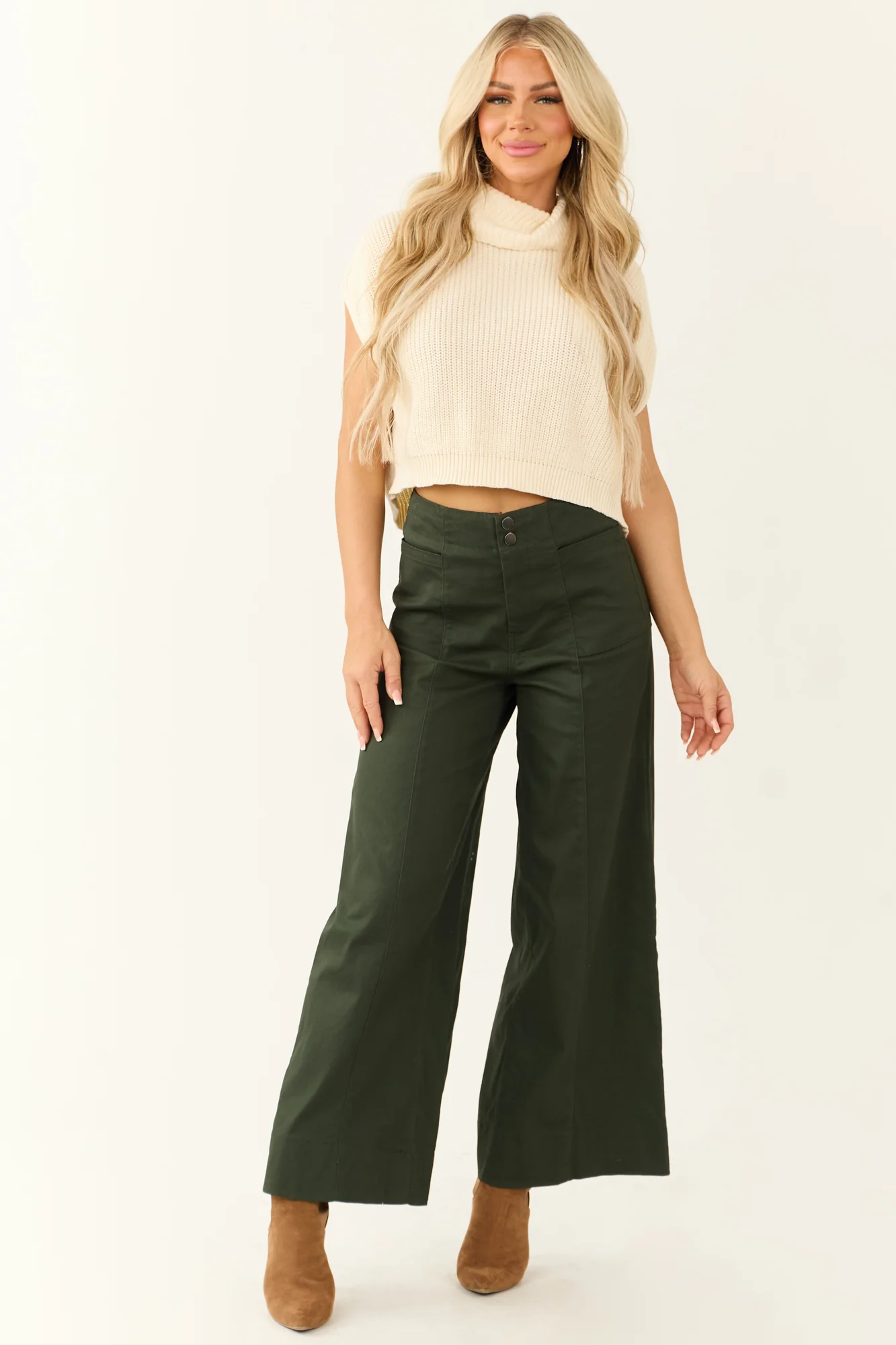 High Rise Wide Leg Ankle-length Green Pants