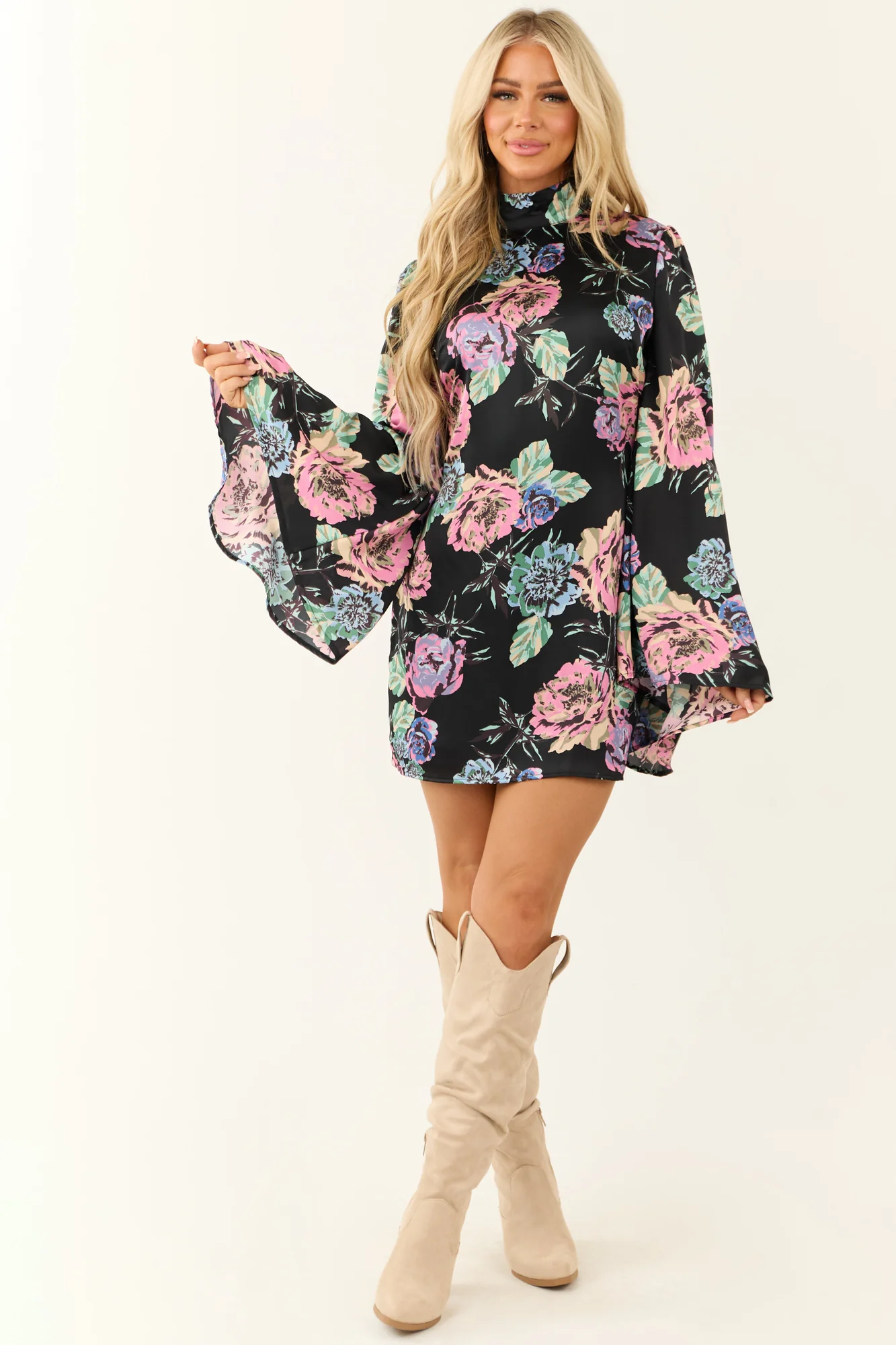 Floral Print Satin Short Dress with Flare Sleeves