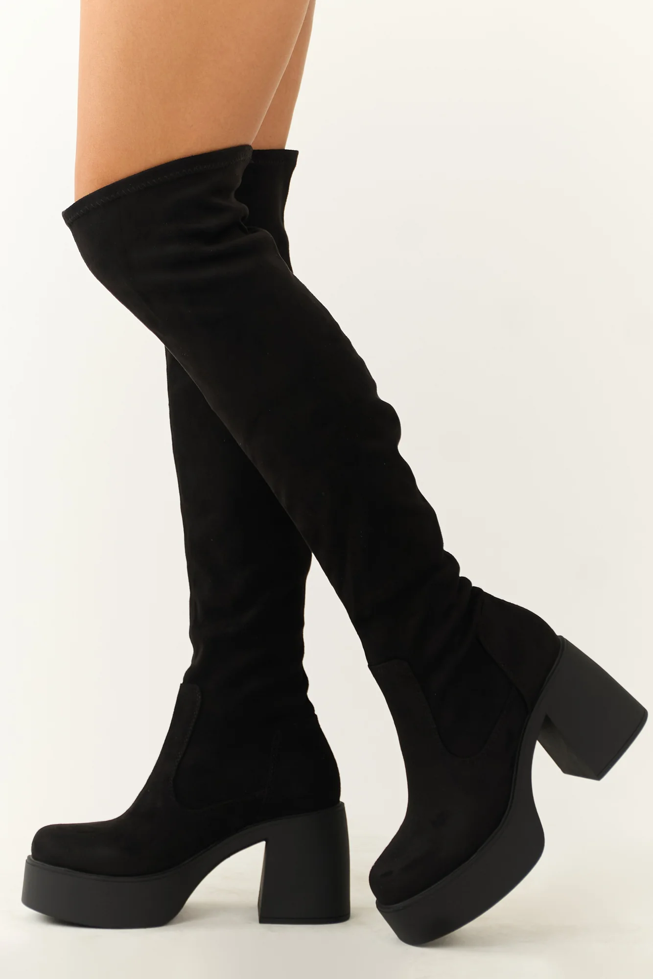 Womens Black Chunky Heel Knee High Boots