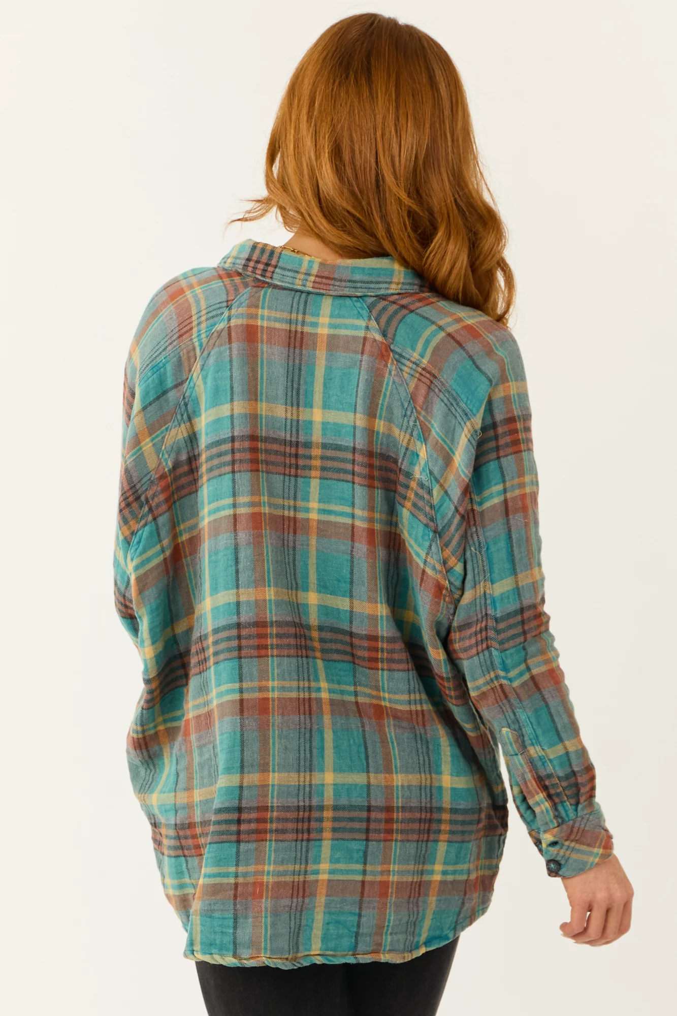 Teal Plaid Flannel Shirt with Button Up Front