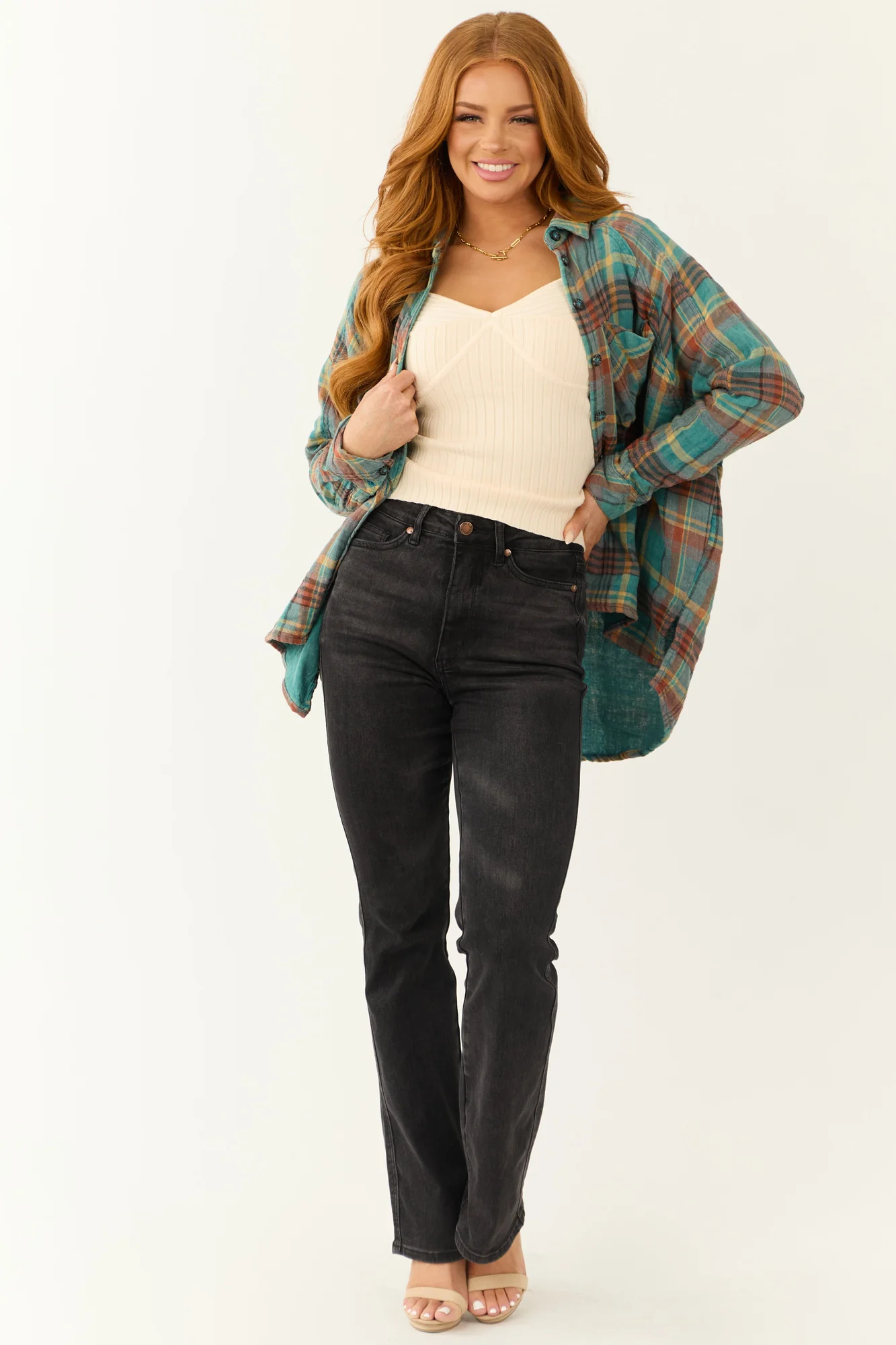 Teal Plaid Flannel Shirt with Button Up Front