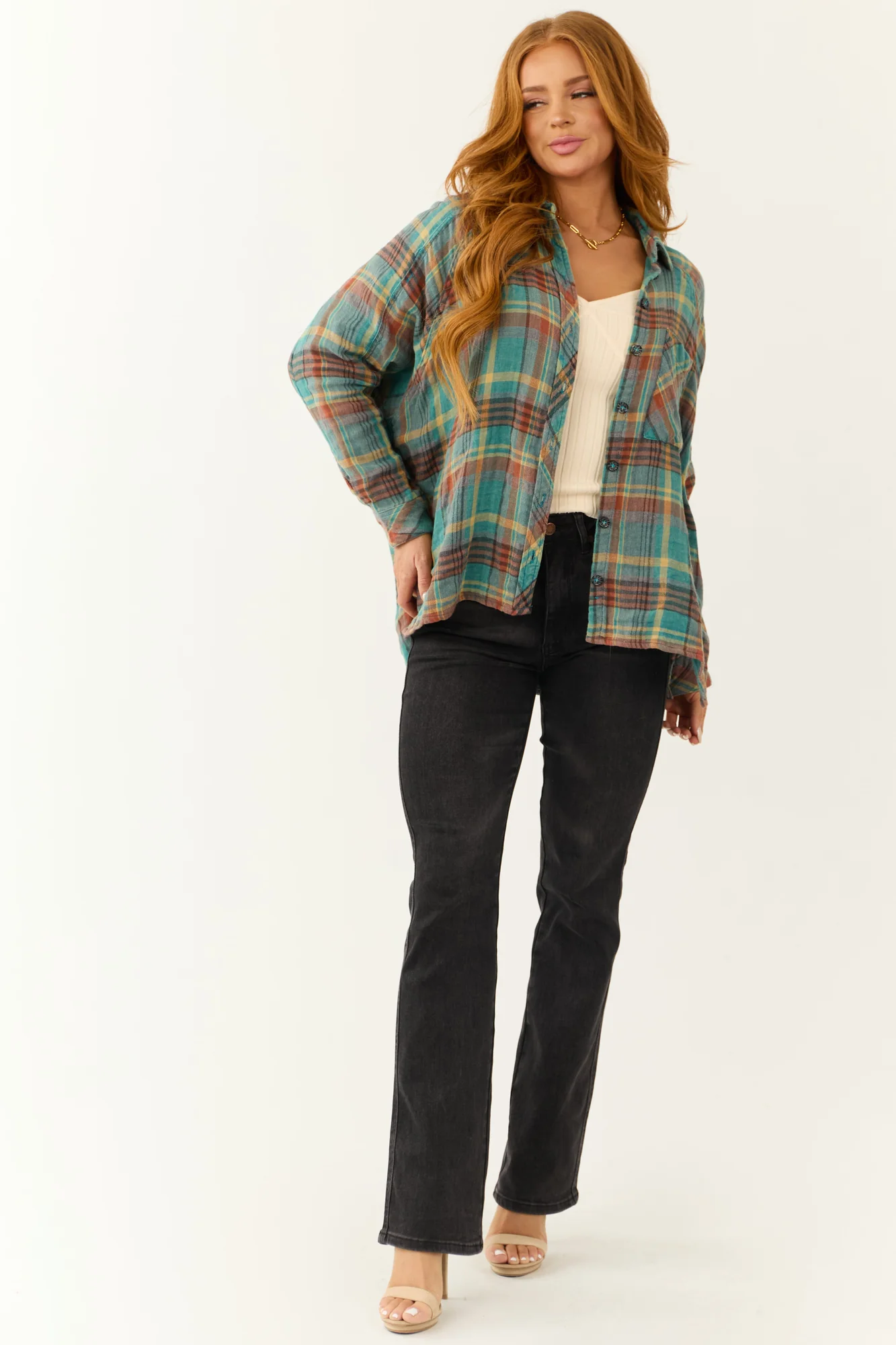 Teal Plaid Flannel Shirt with Button Up Front