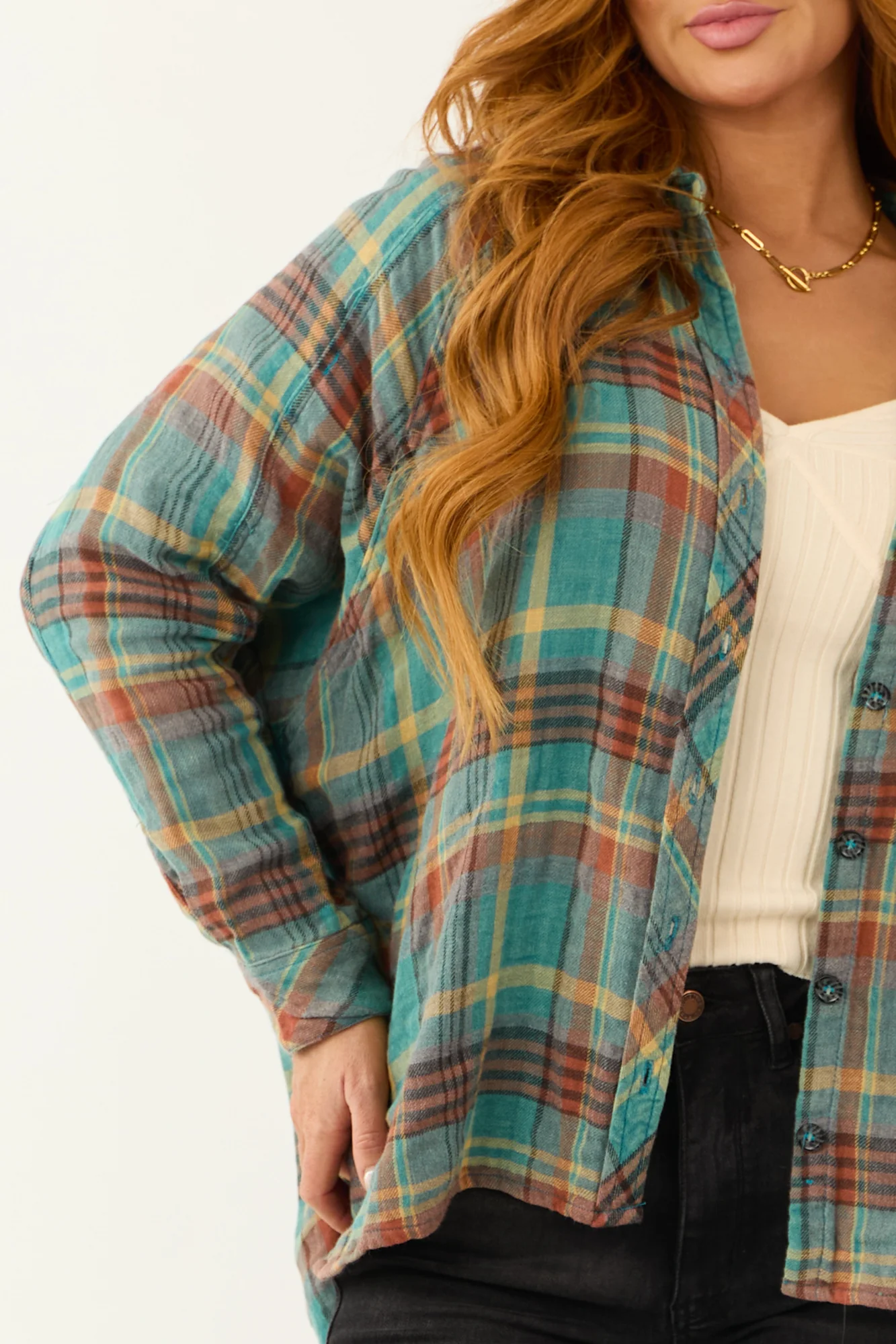 Teal Plaid Flannel Shirt with Button Up Front