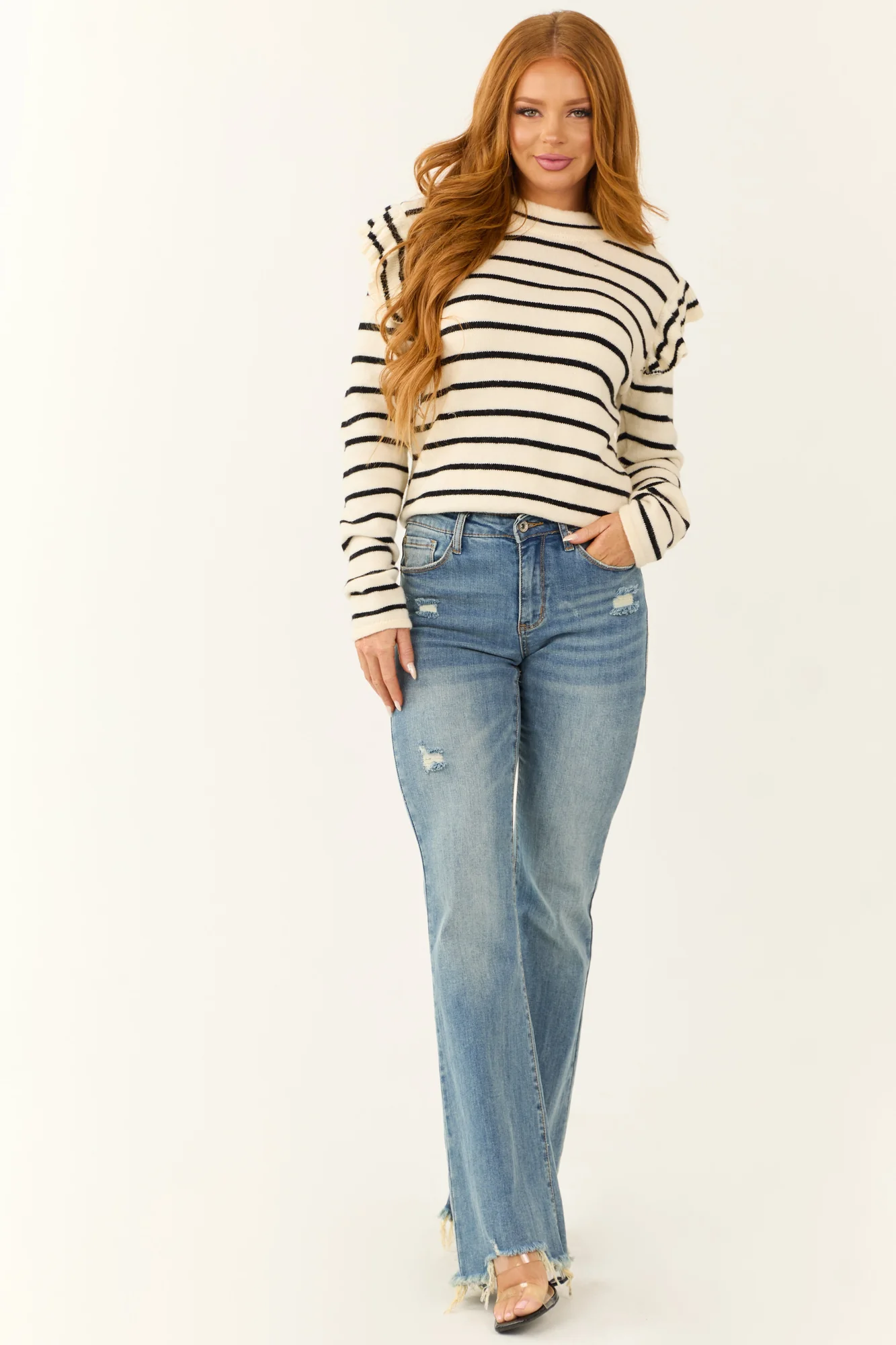 Striped Mock Neck Sweater in Black and Cream
