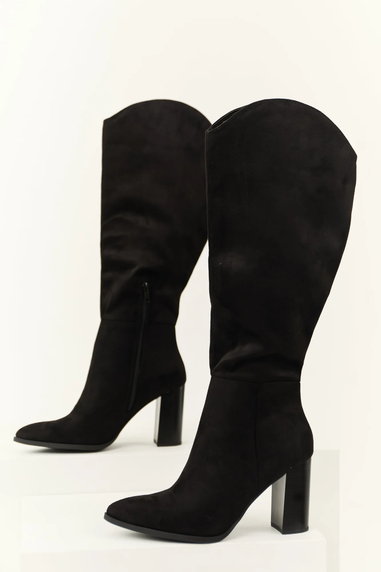 Womens Black Faux Suede Heeled Knee High Boots