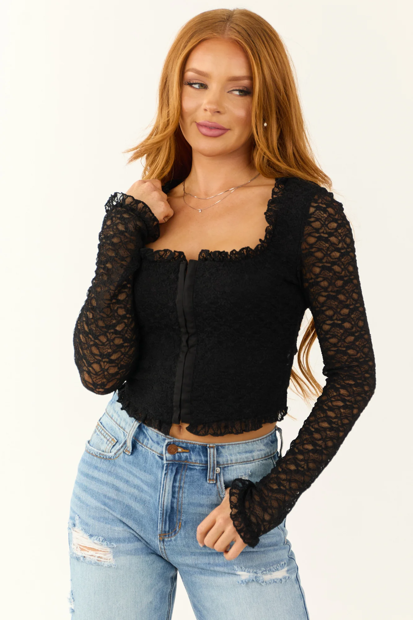 Lace Square Neck Corset Top in Black