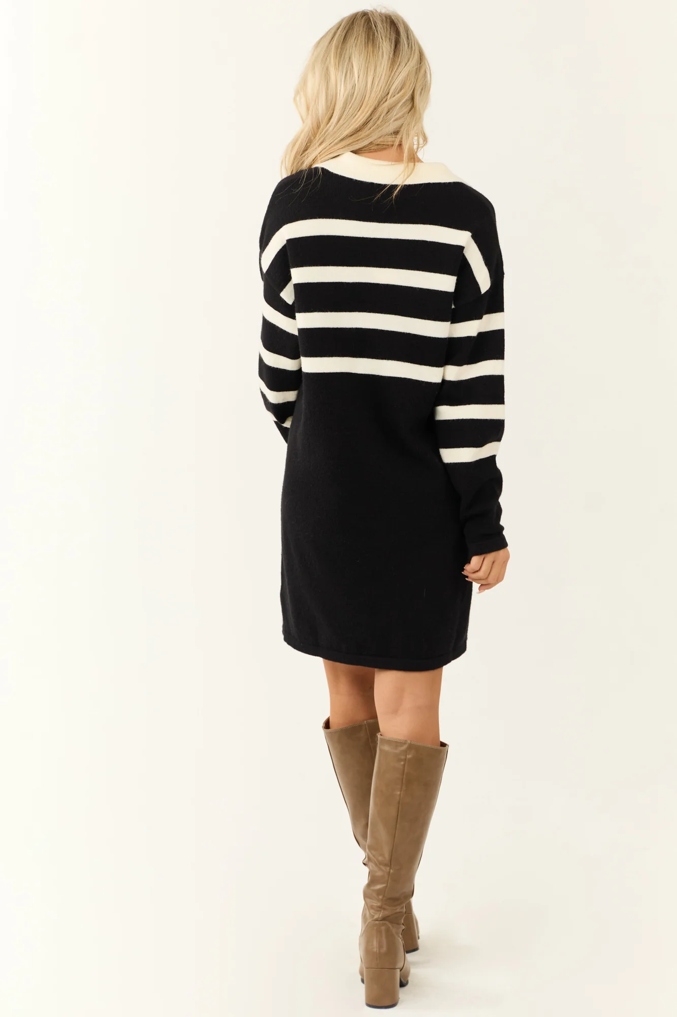 Striped V-Neck Sweater Shift Dress - Black Ivory
