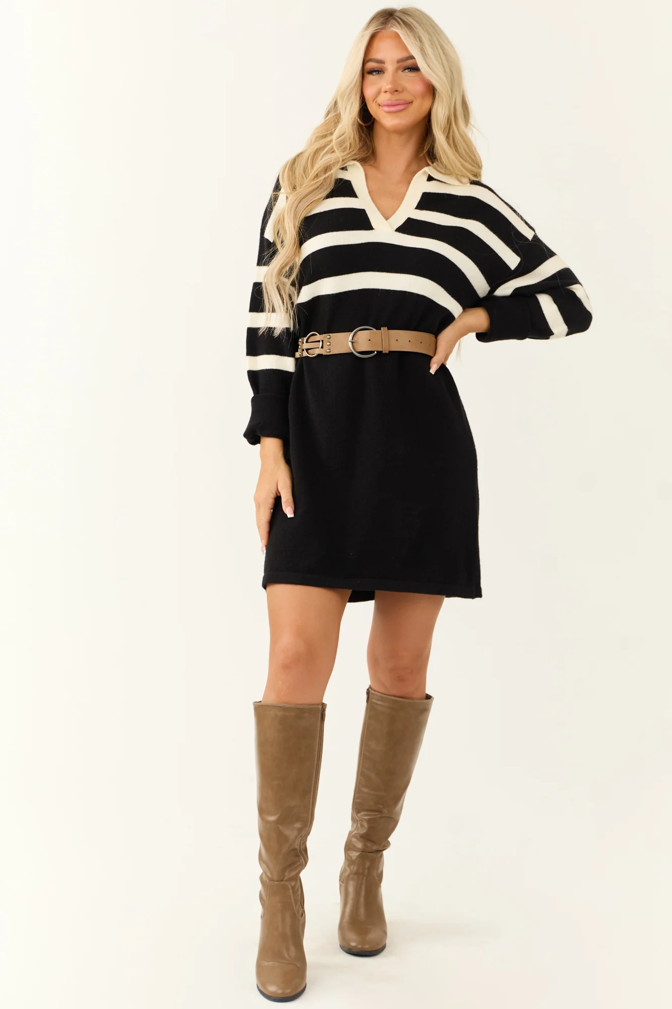 Striped V-Neck Sweater Shift Dress - Black Ivory