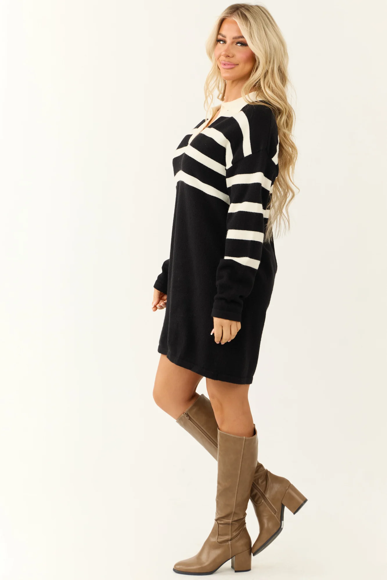 Striped V-Neck Sweater Shift Dress - Black Ivory