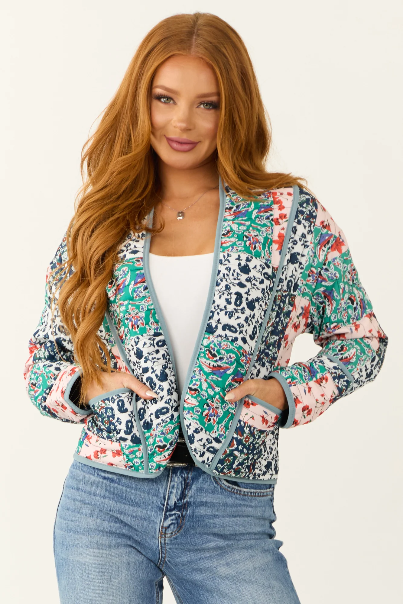 Printed Slate Blue Quilted Jacket