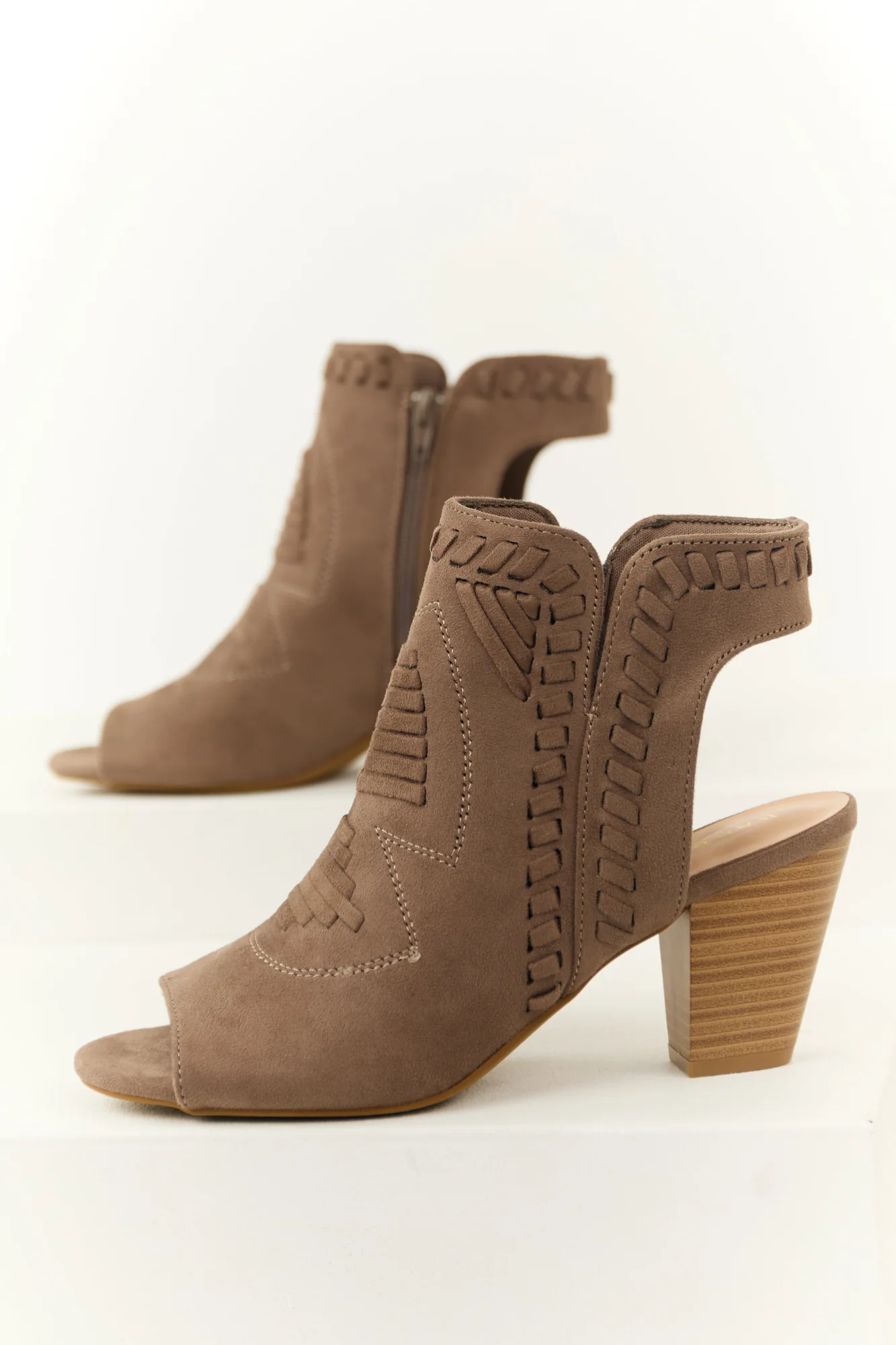 Taupe Open Toe Block Heel Ankle Boots