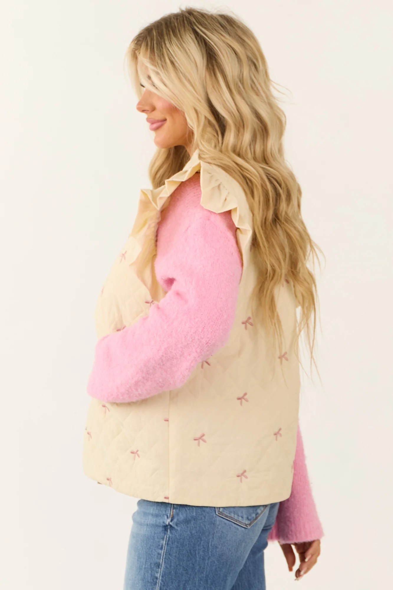 Cream Quilted Vest with Ribbon Detailing