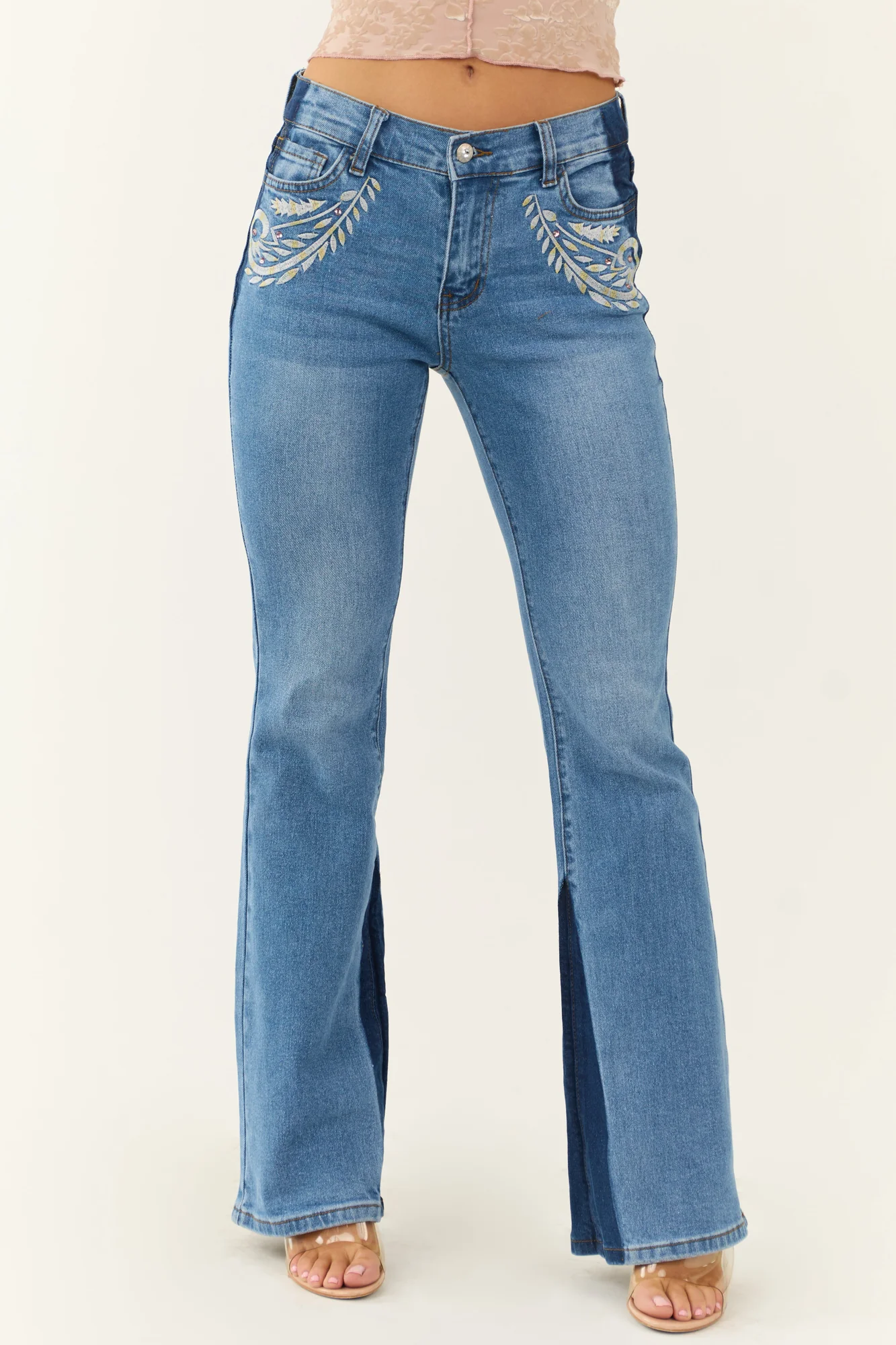 High Rise Embroidered Bootcut Jeans in Medium Wash