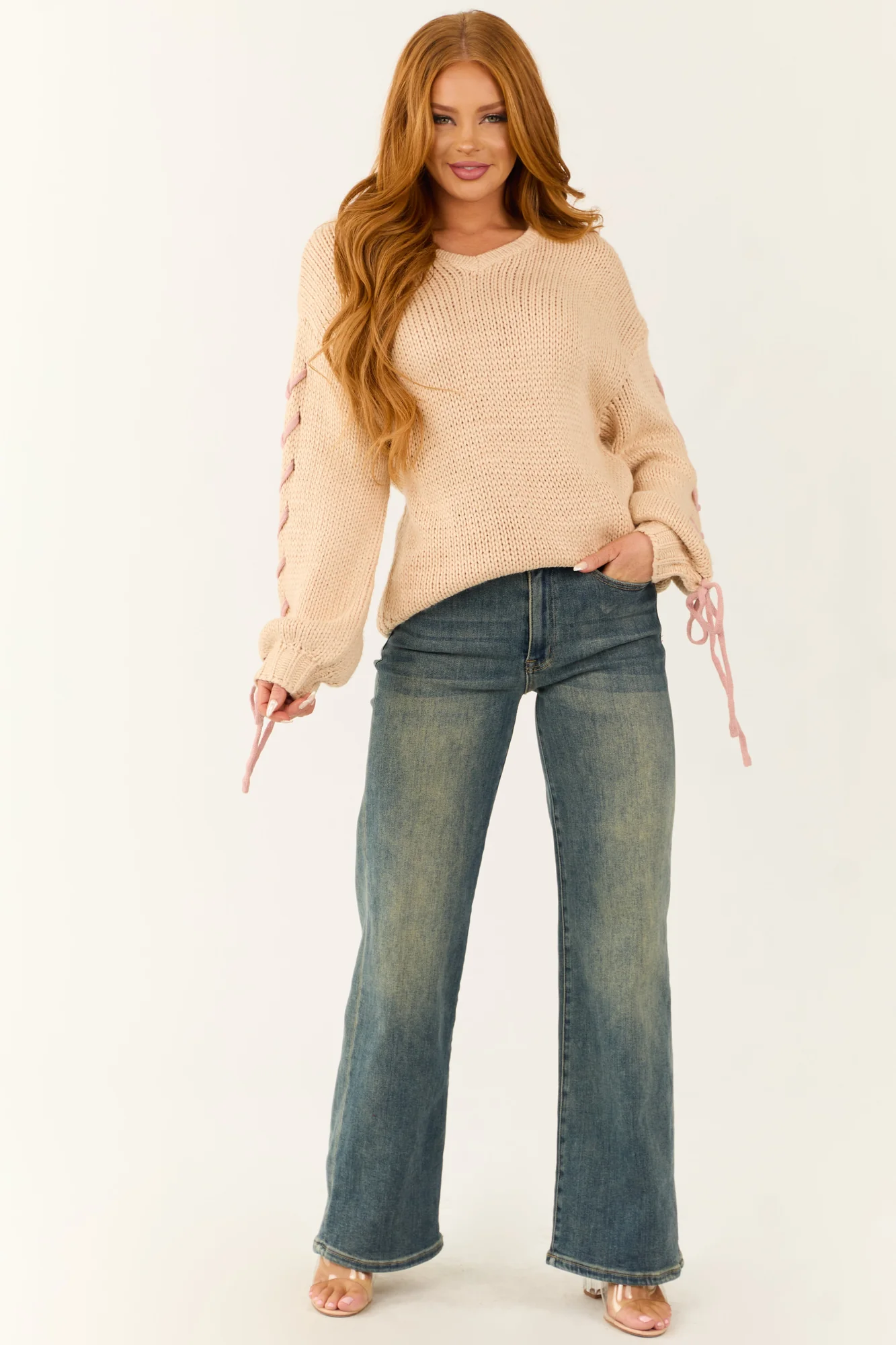 Cherry Blossom Chunky Knit Sweater with Lace Sleeves
