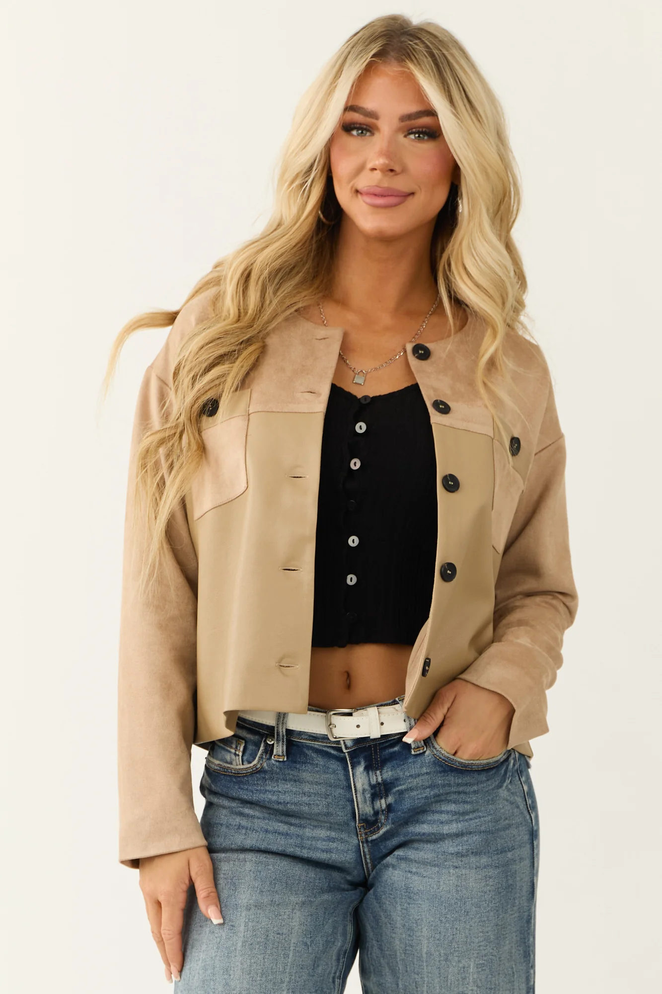 Taupe Faux Suede and PU Jacket - Date Night Outerwear