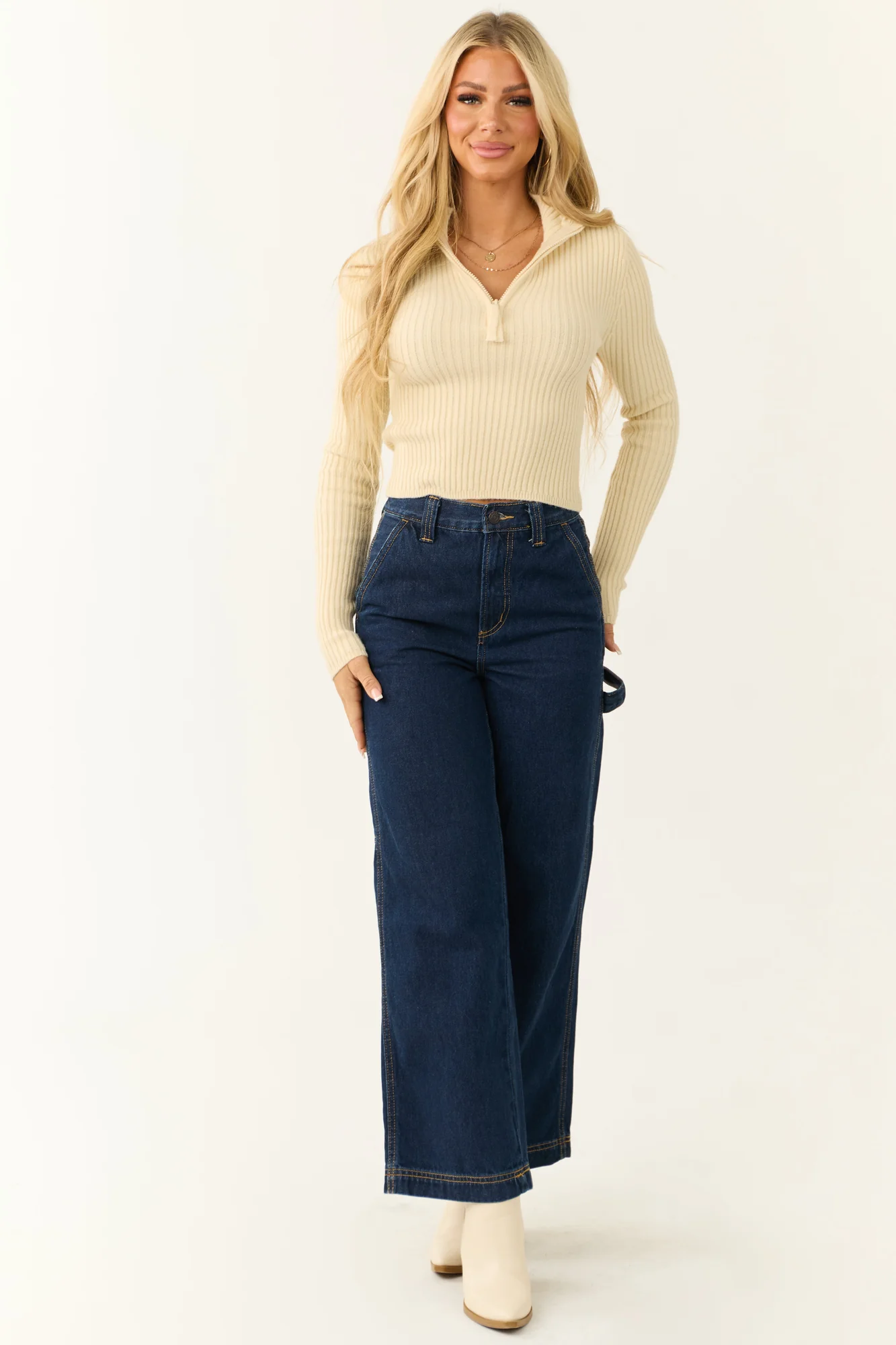 Cream Ribbed Knit Mock Neck Long Sleeve Top