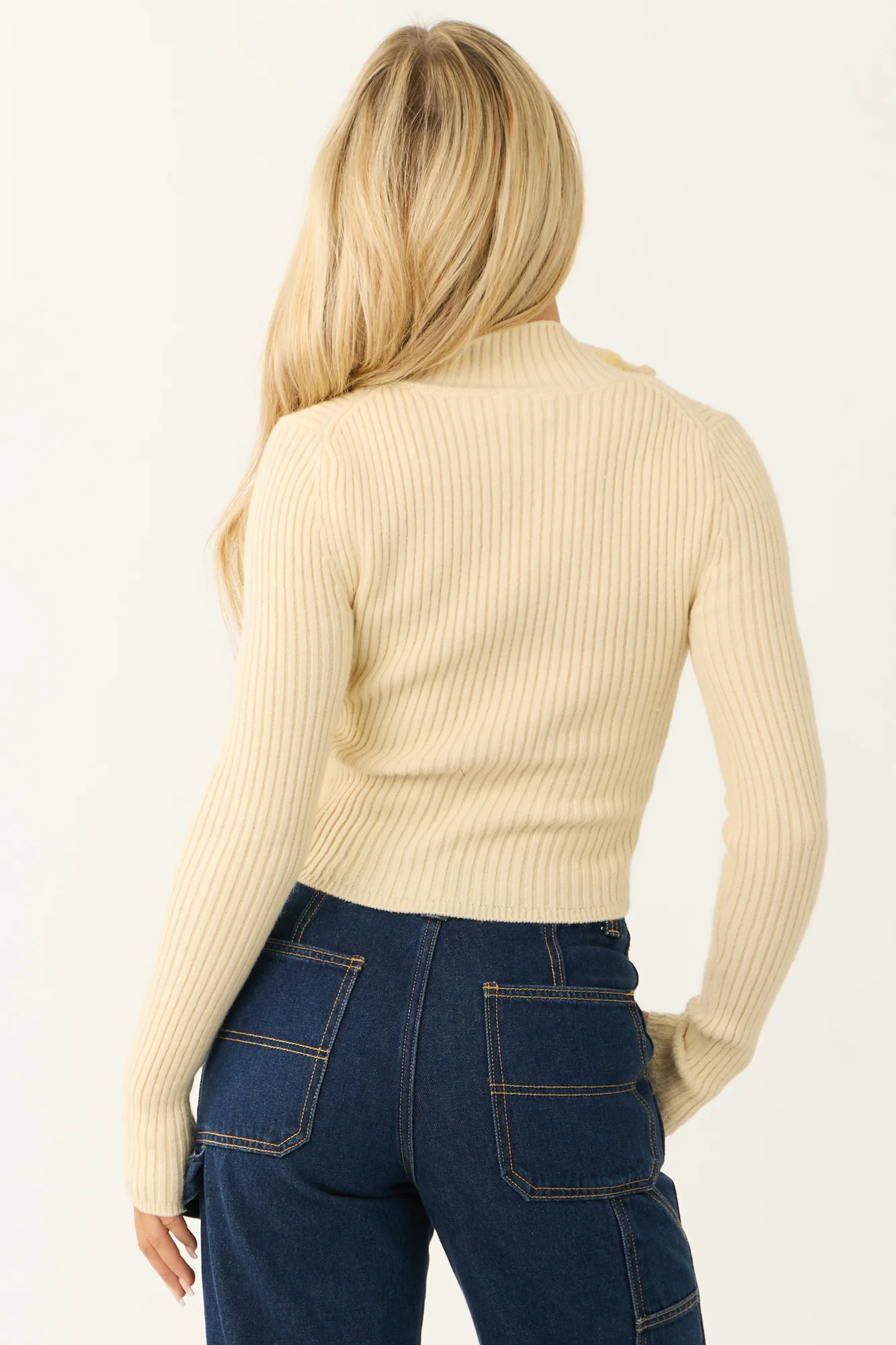 Cream Ribbed Knit Mock Neck Long Sleeve Top