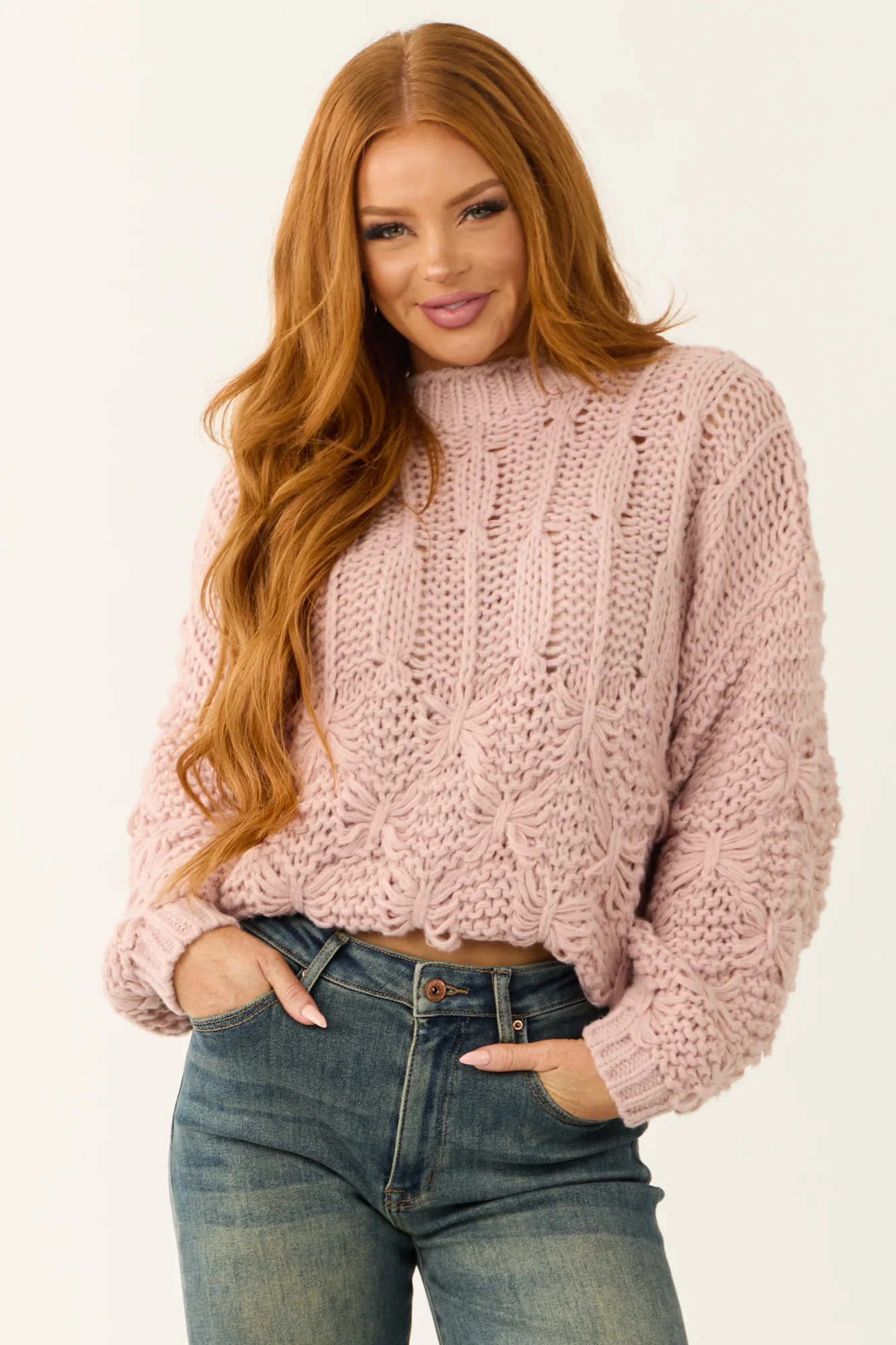 Pink Mock Neck Knit Sweater - Stretchy Textured Long Sleeve