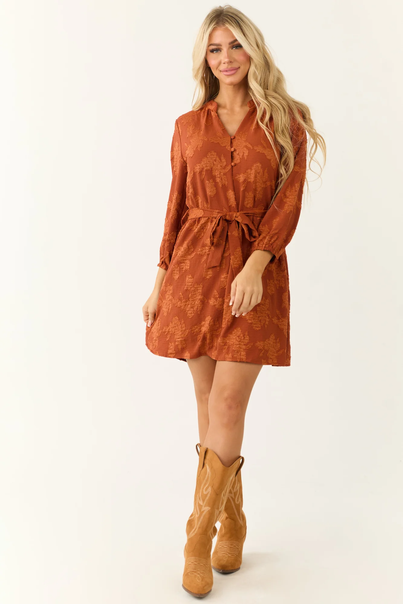 Floral Jacquard Waist Tie Short Dress in Tawny Color