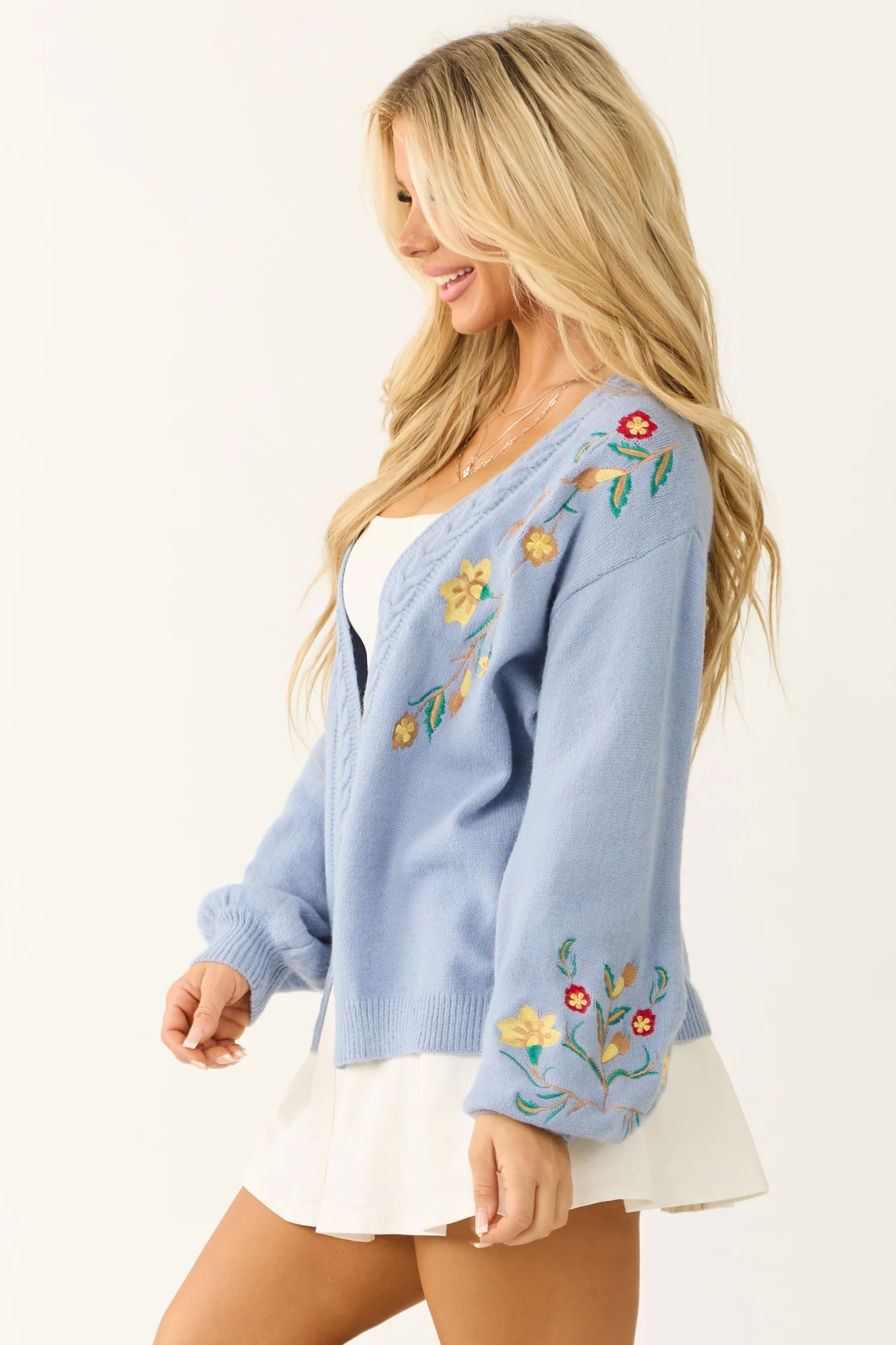 Floral Embroidered Knit Cardigan - Powder Blue