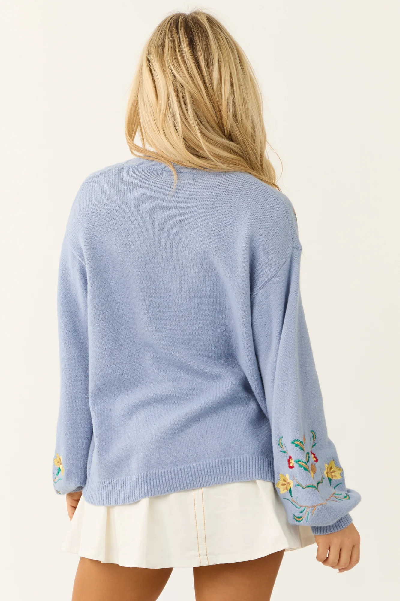 Floral Embroidered Knit Cardigan - Powder Blue